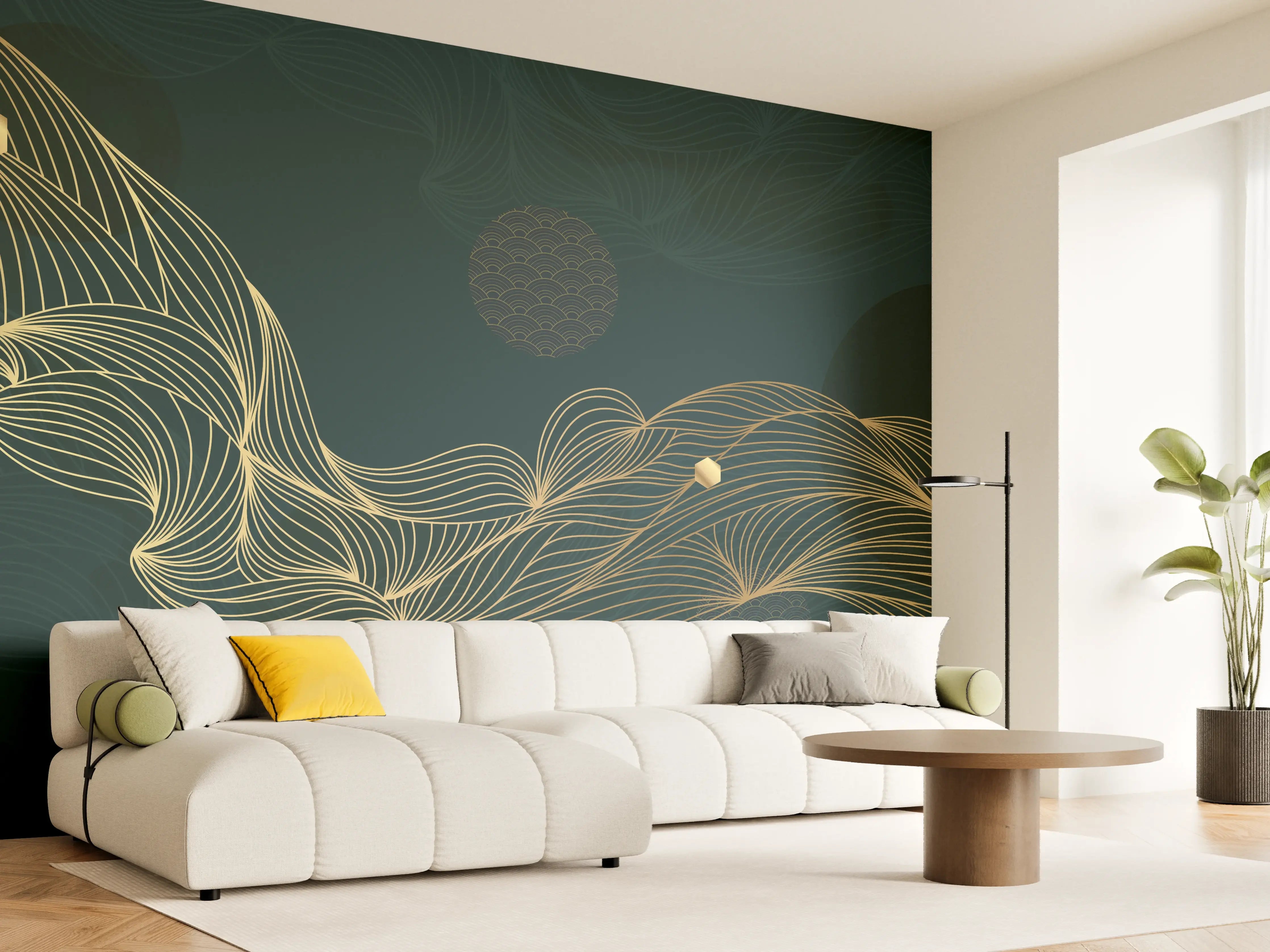 Wandverkleidung Wohnzimmer - Goldene Wellenlinien auf Dunkelblau