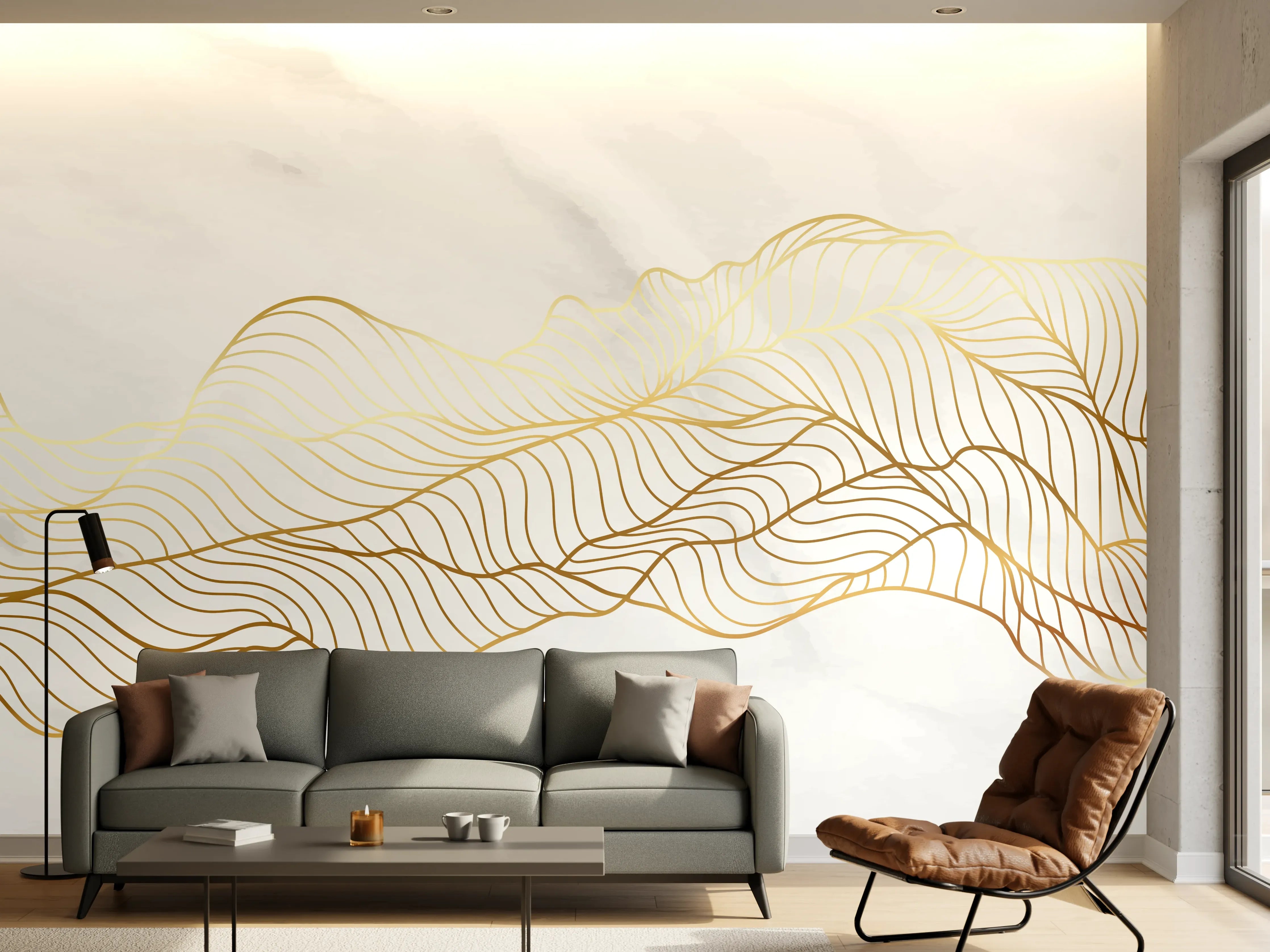 Wandverkleidung Wohnzimmer - Goldene Wellenlinien auf Marmor