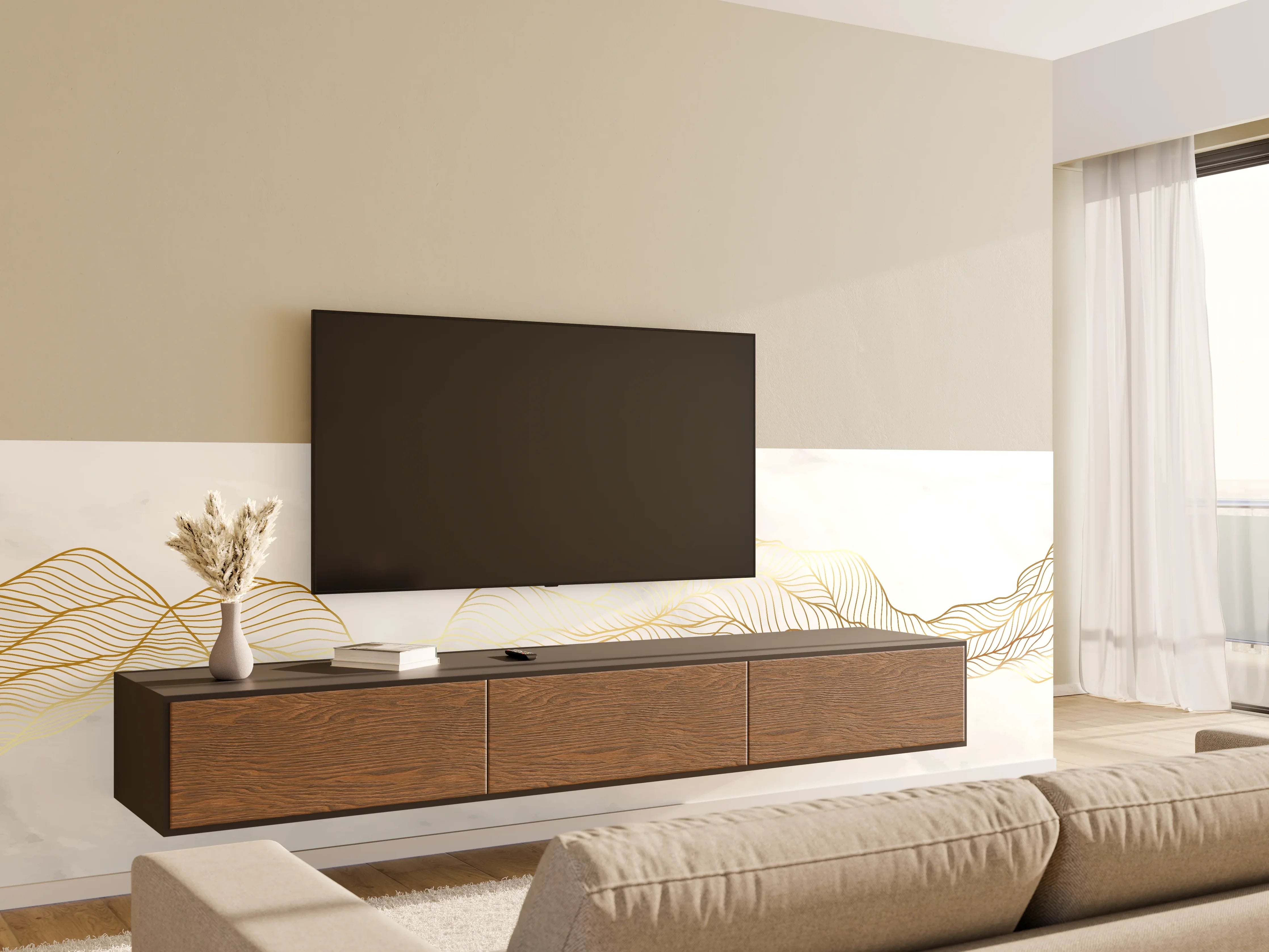 Wandverkleidung Wohnzimmer - Goldene Wellenlinien auf Marmor