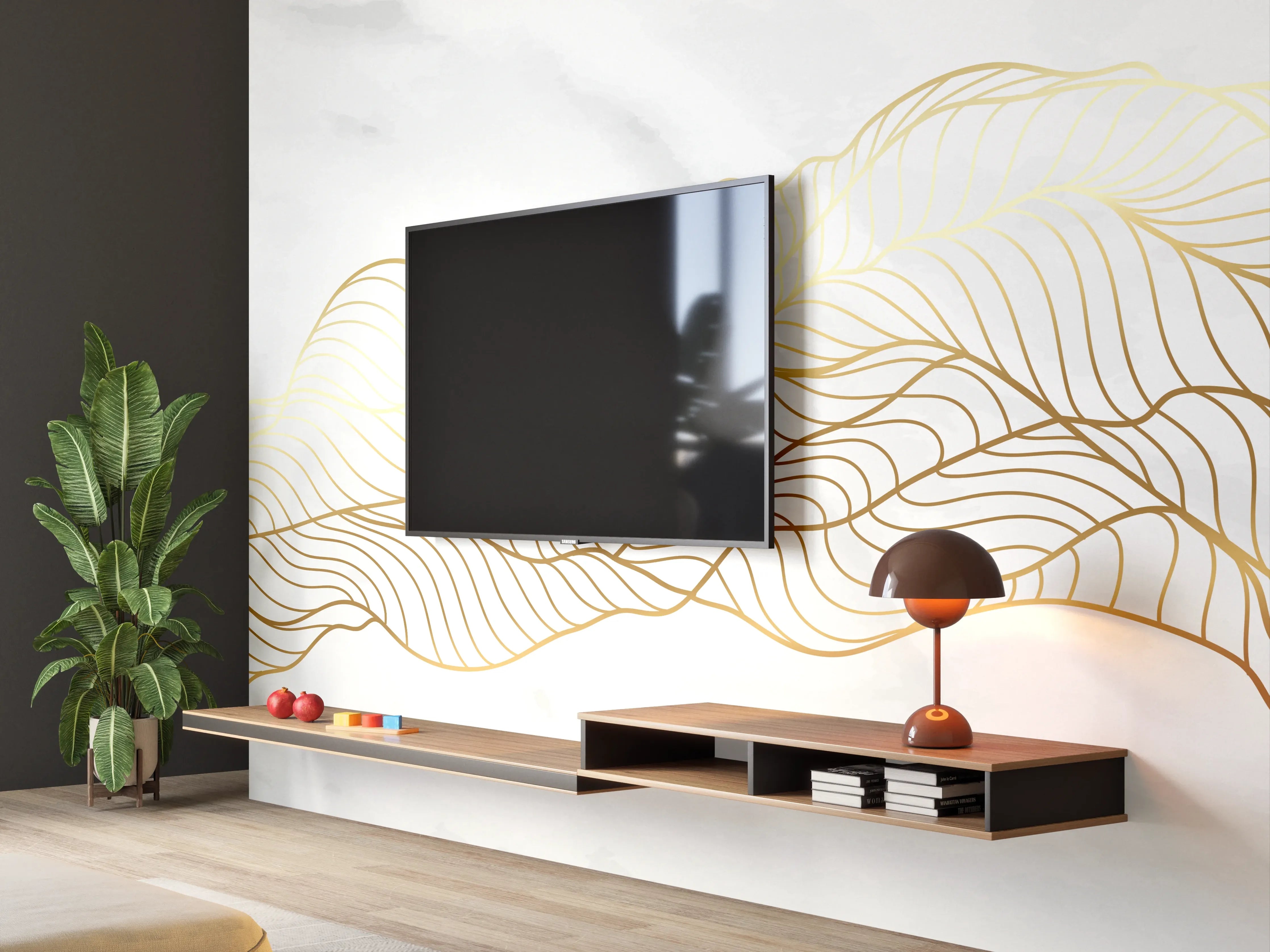 Wandverkleidung Wohnzimmer - Goldene Wellenlinien auf Marmor