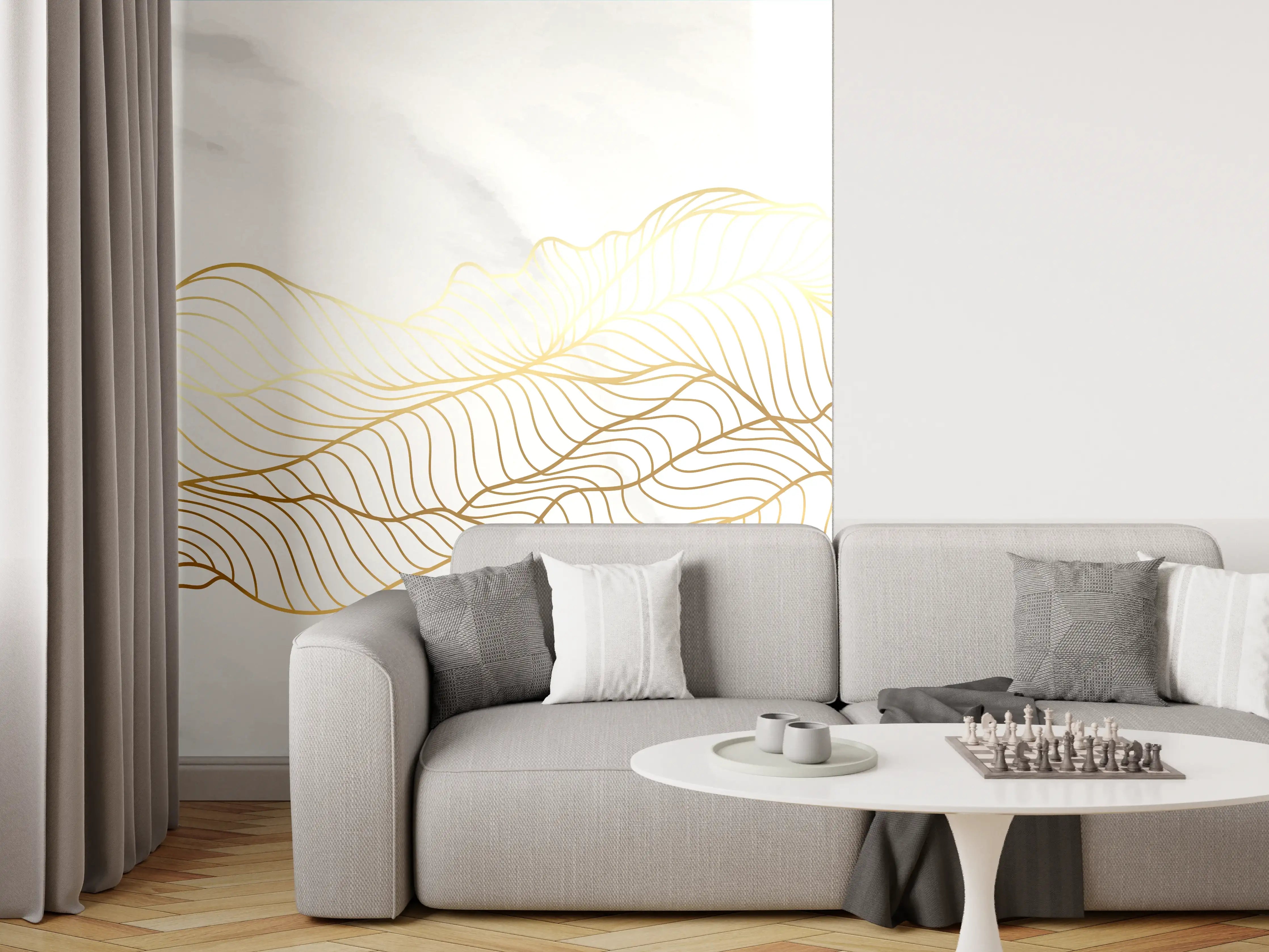 Wandverkleidung Wohnzimmer - Goldene Wellenlinien auf Marmor