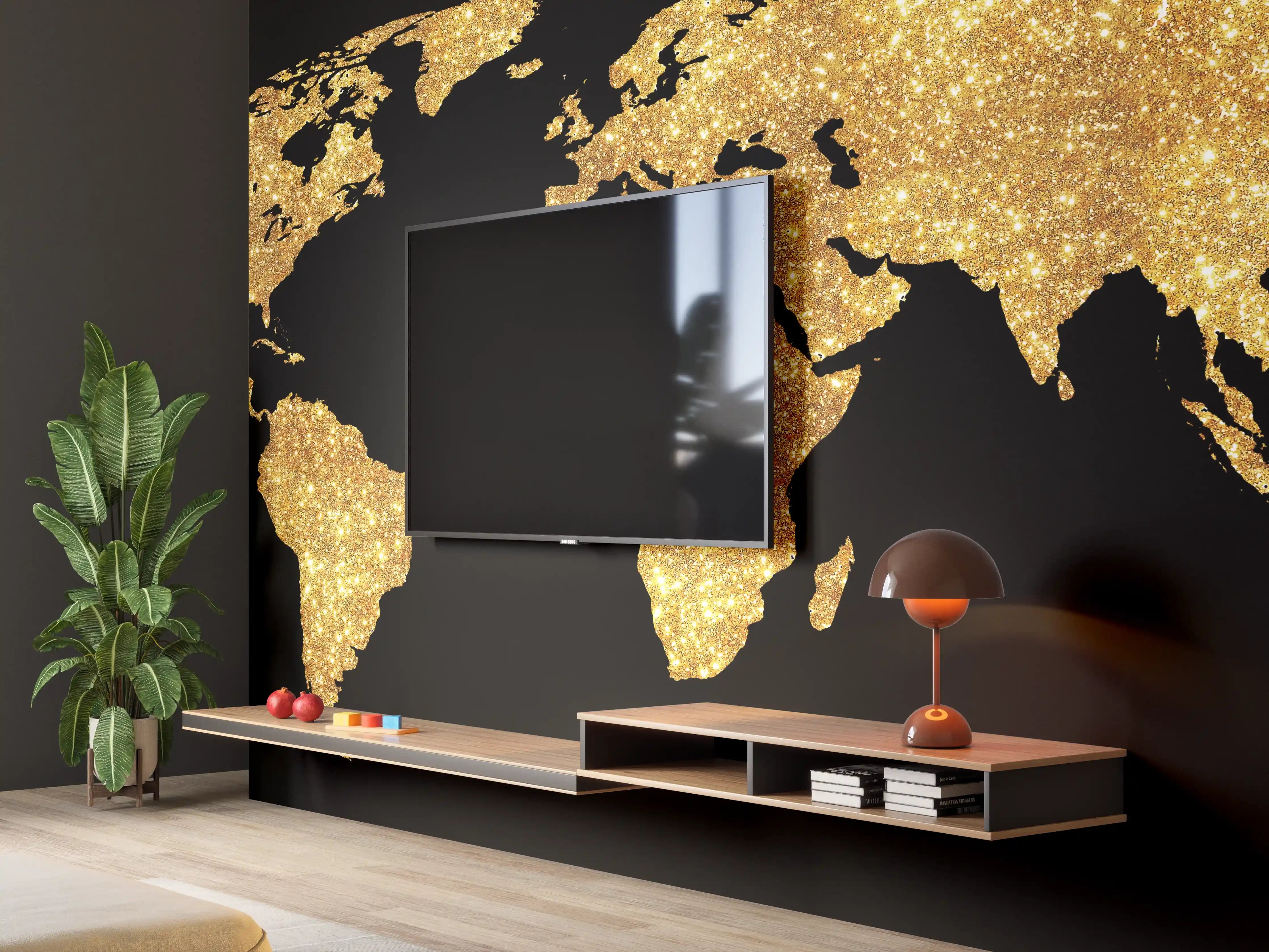 Wandverkleidung Wohnzimmer - Goldene Weltkarte Nachtlicht