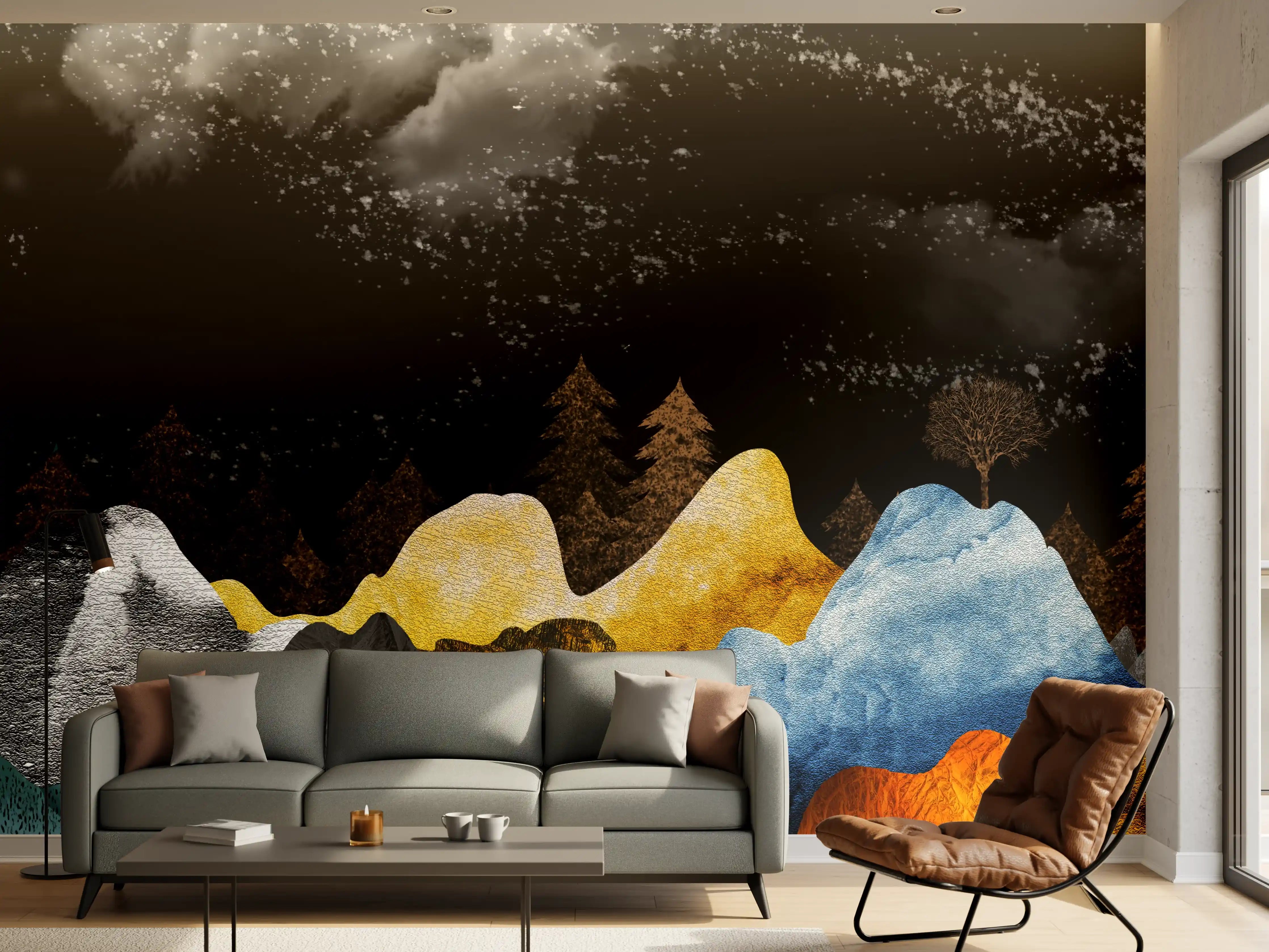 Wandverkleidung Wohnzimmer - Goldene Winterberge Wandtapete
