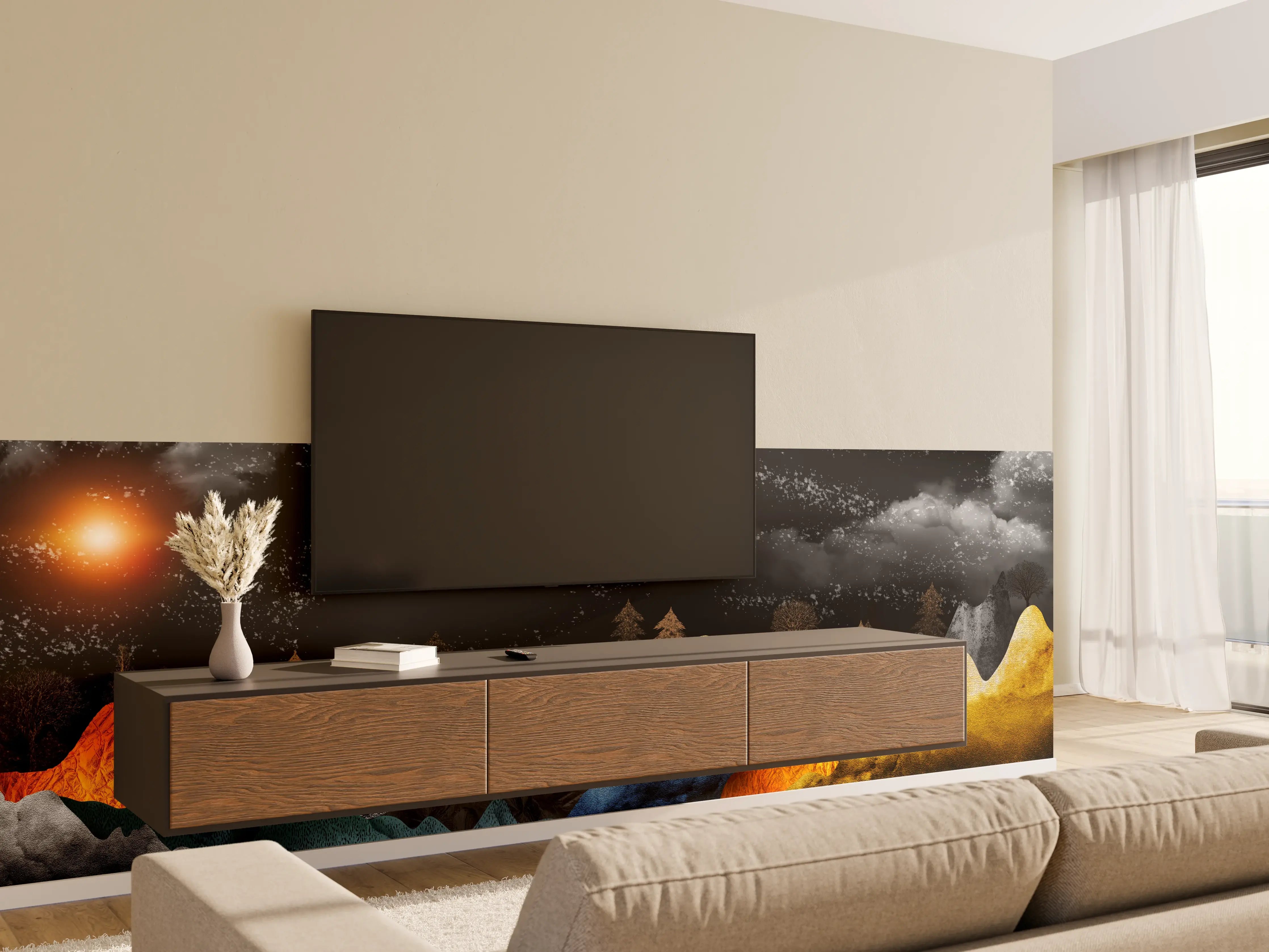 Wandverkleidung Wohnzimmer - Goldene Winterberge Wandtapete