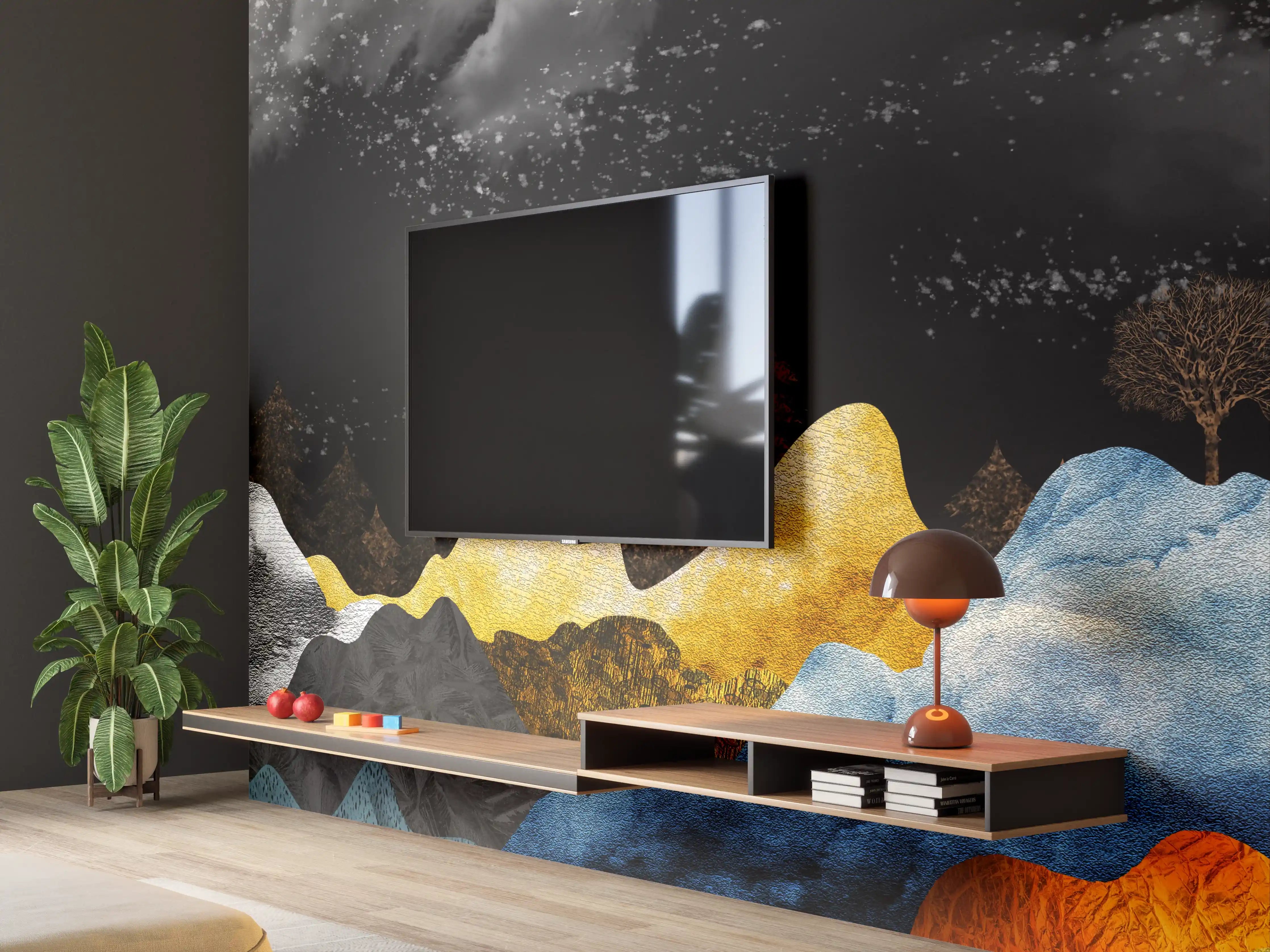 Wandverkleidung Wohnzimmer - Goldene Winterberge Wandtapete