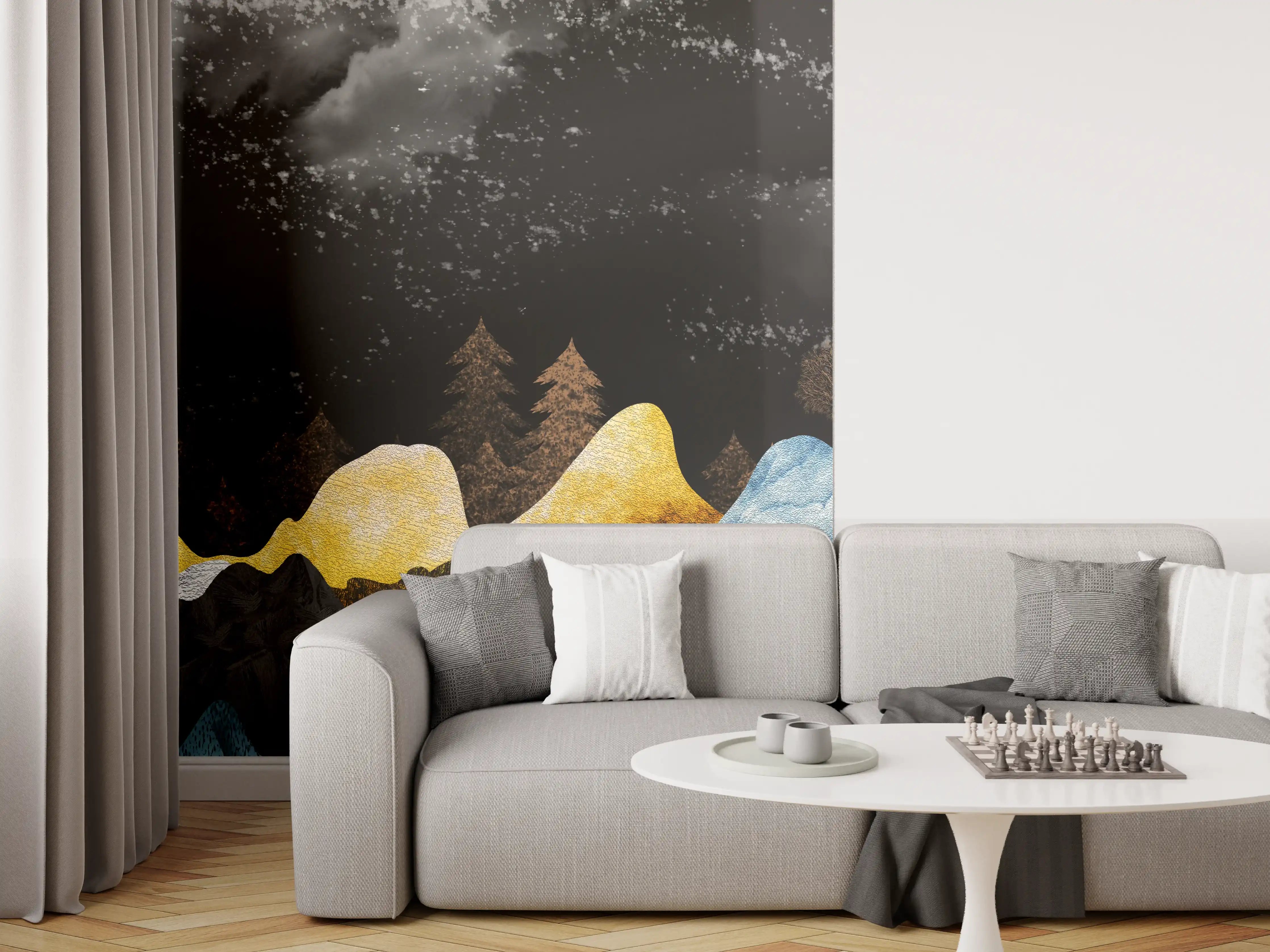 Wandverkleidung Wohnzimmer - Goldene Winterberge Wandtapete