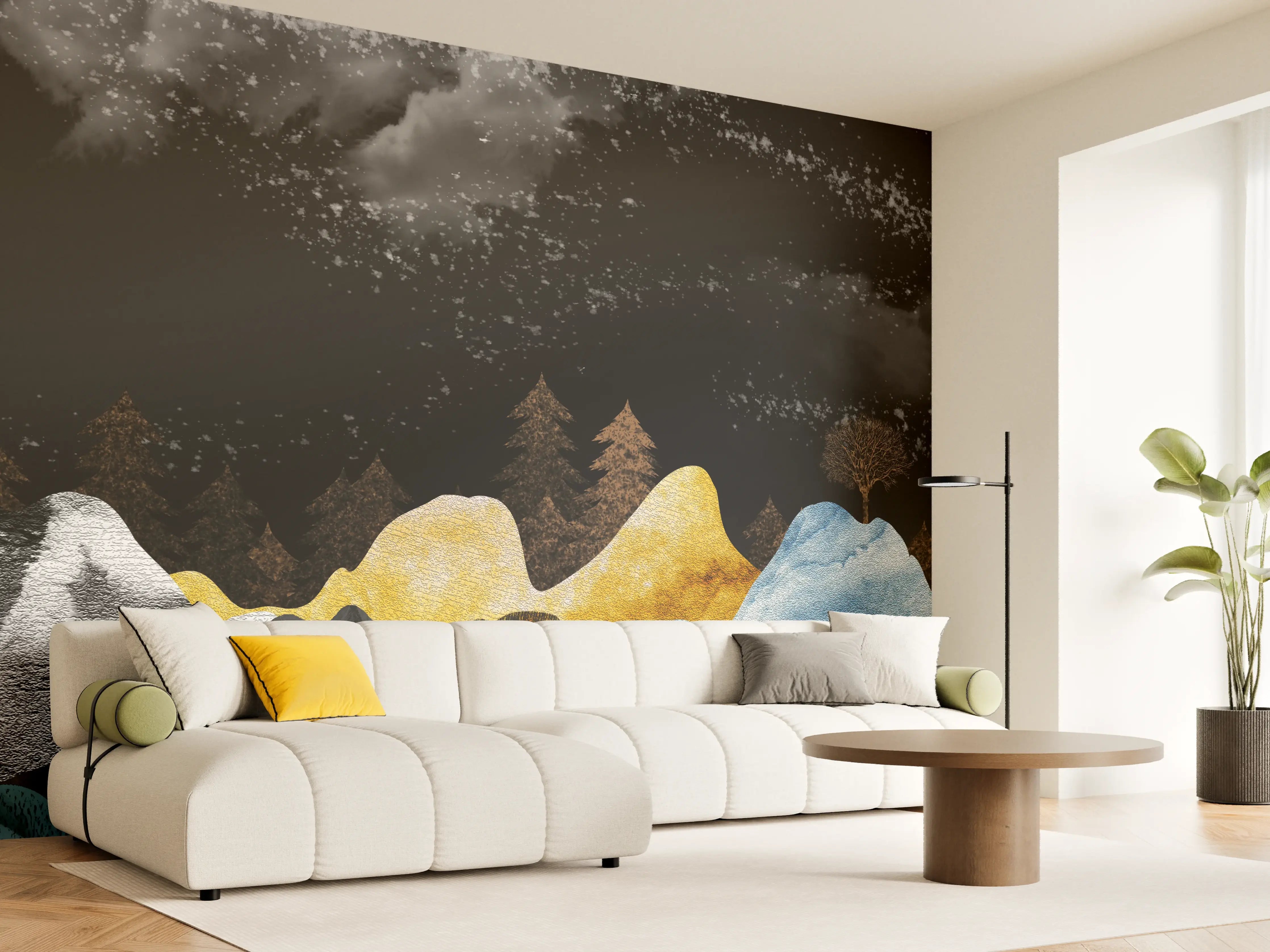 Wandverkleidung Wohnzimmer - Goldene Winterberge Wandtapete