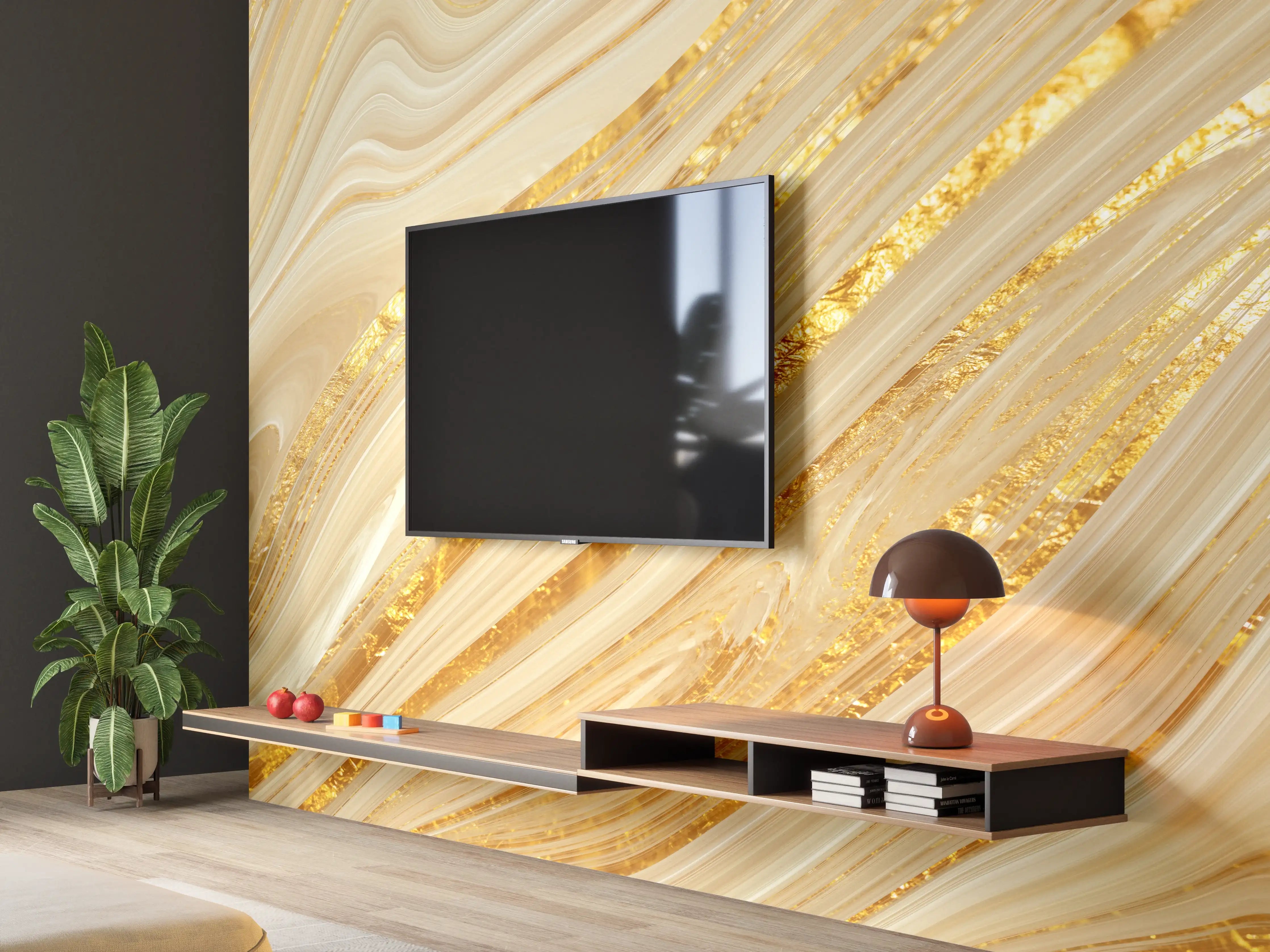 Wandverkleidung Wohnzimmer - Goldene wellenförmige Marmorierung