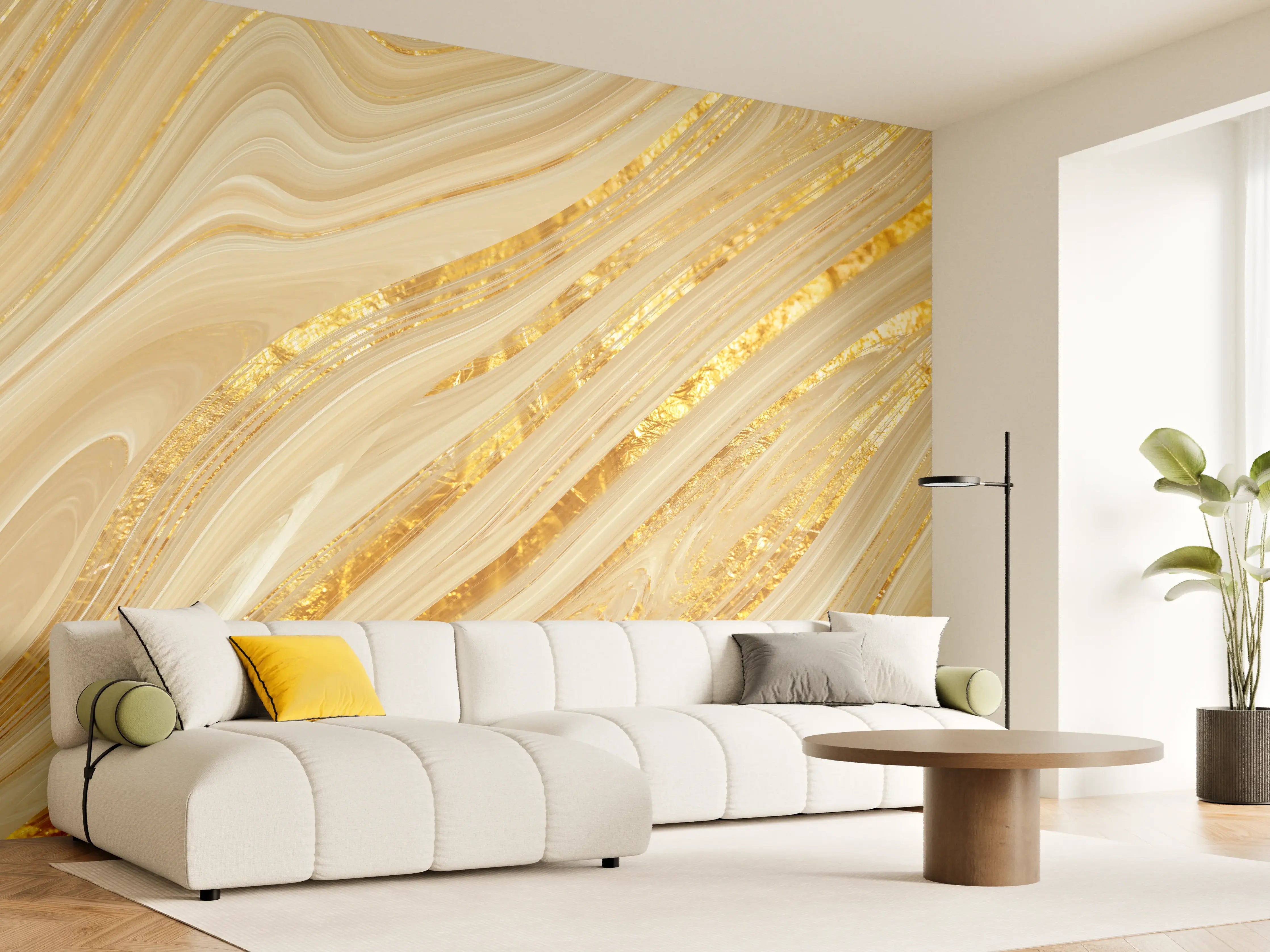 Wandverkleidung Wohnzimmer - Goldene wellenförmige Marmorierung