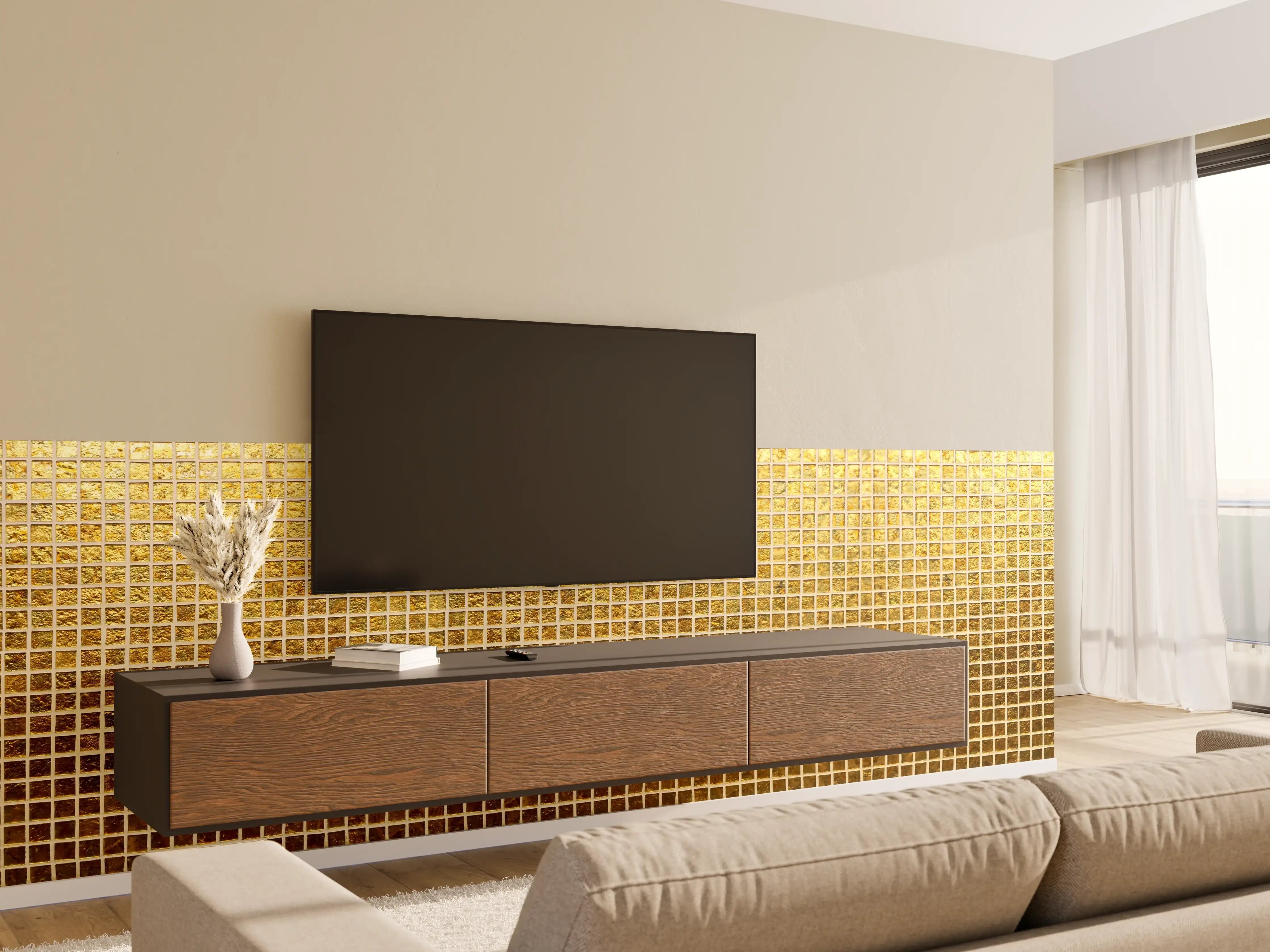 Wandverkleidung Wohnzimmer - Goldenes Fliesenmuster