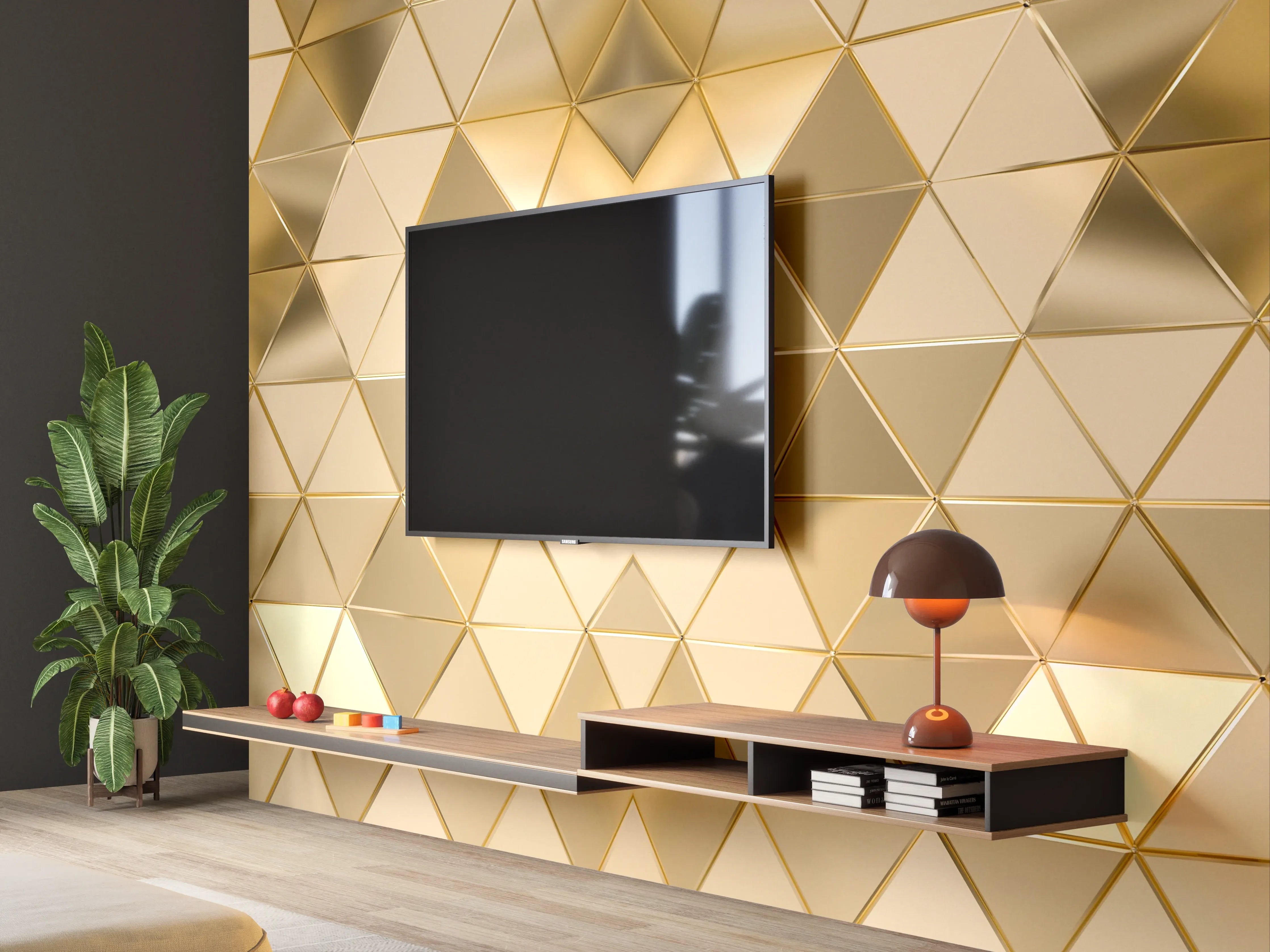 Wandverkleidung Wohnzimmer - Goldenes Geometrie-Muster