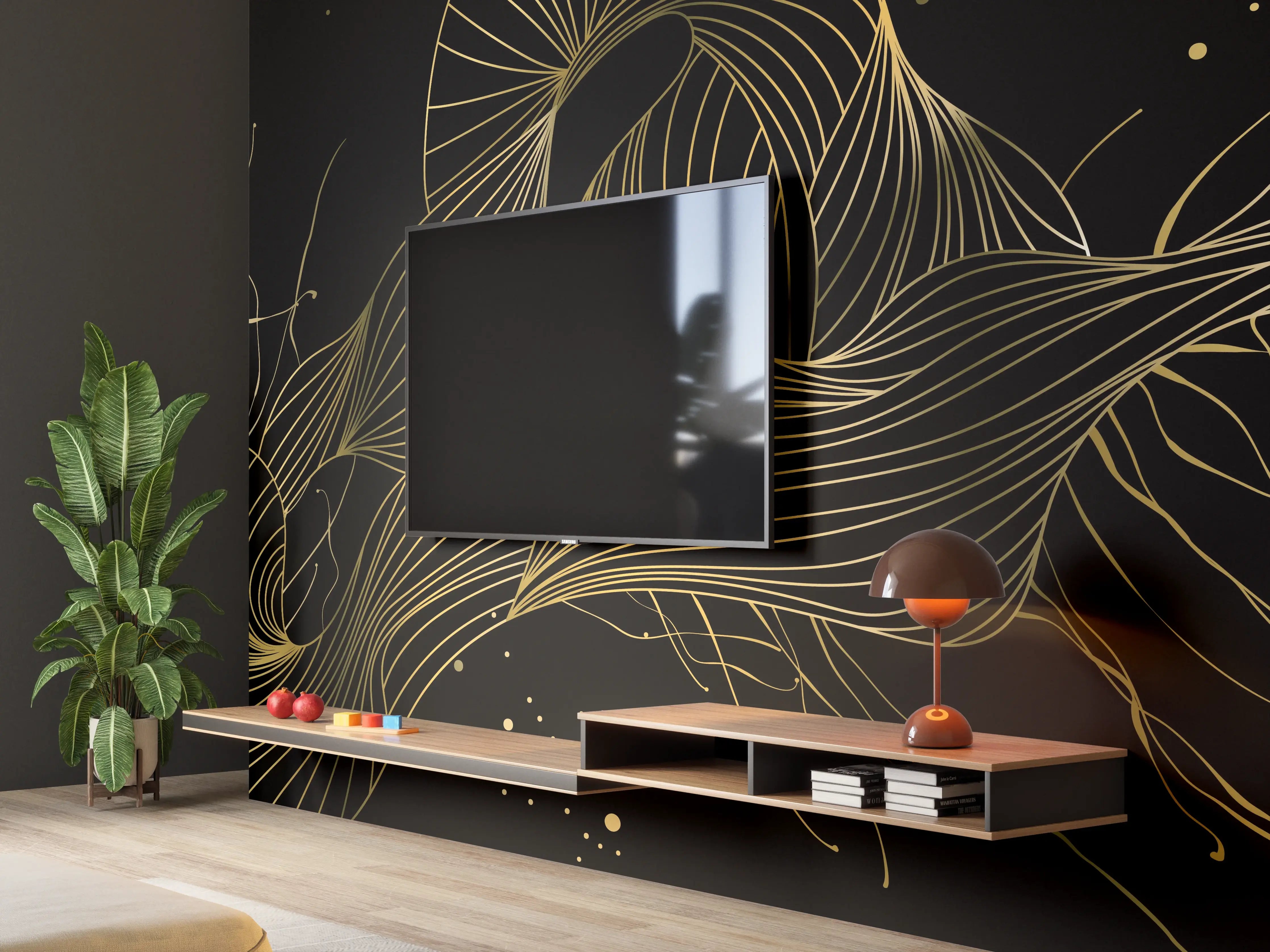 Wandverkleidung Wohnzimmer - Goldenes Linienmuster auf Schwarz