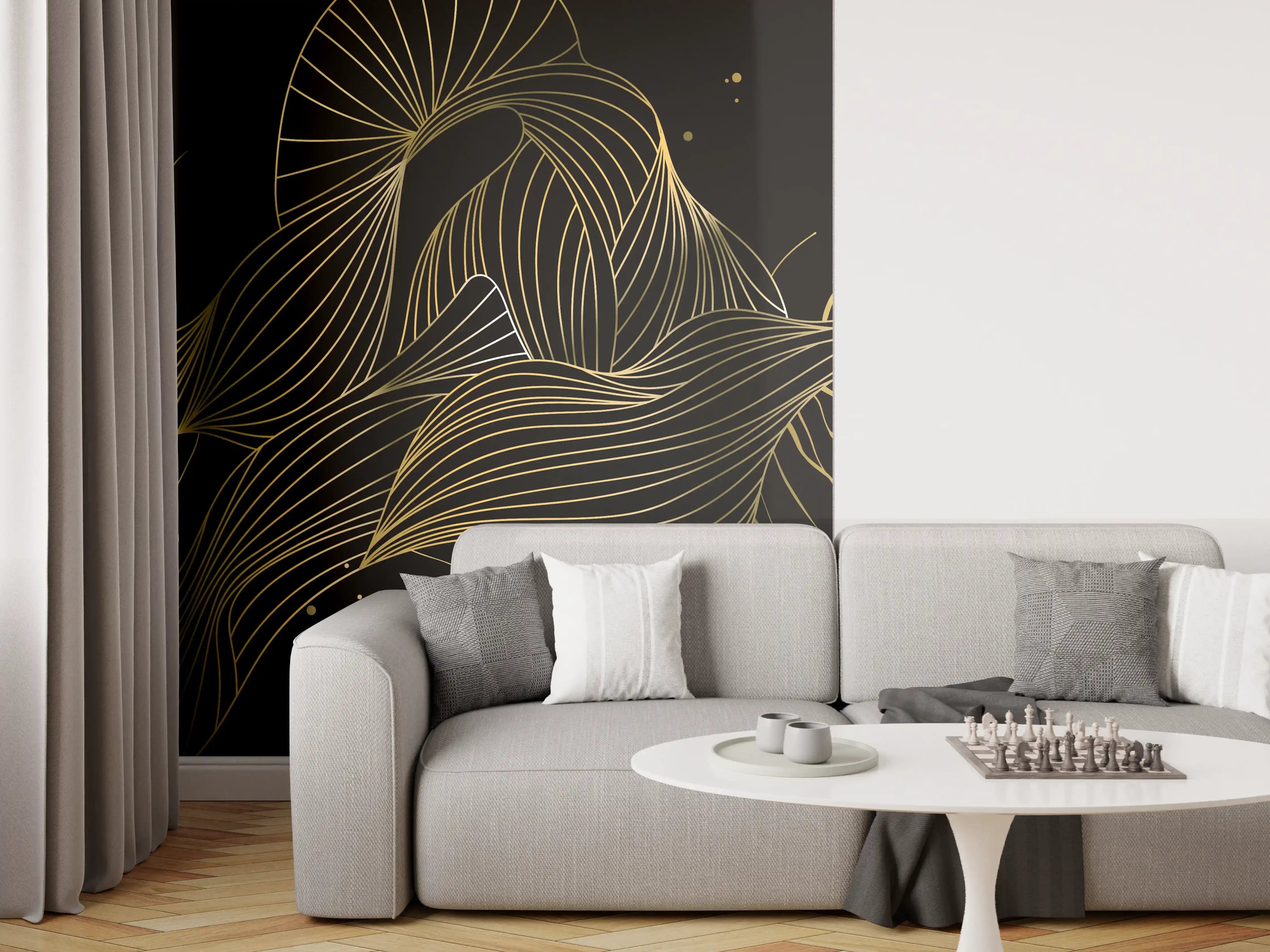 Wandverkleidung Wohnzimmer - Goldenes Linienmuster auf Schwarz