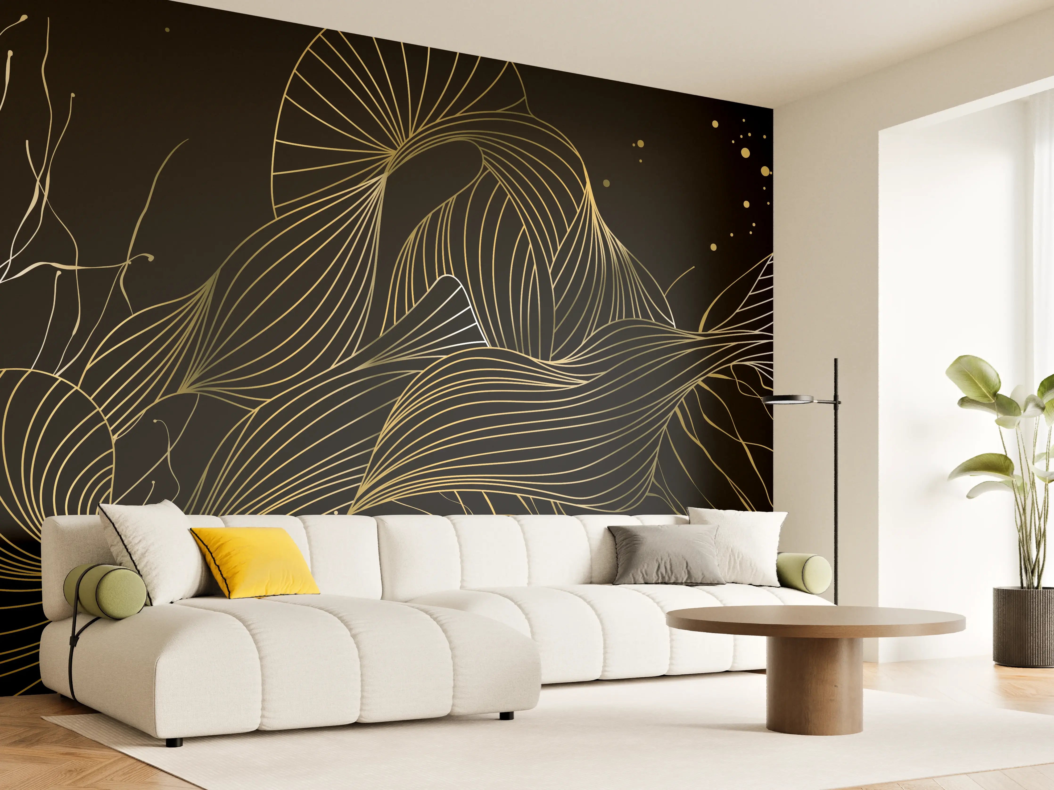 Wandverkleidung Wohnzimmer - Goldenes Linienmuster auf Schwarz