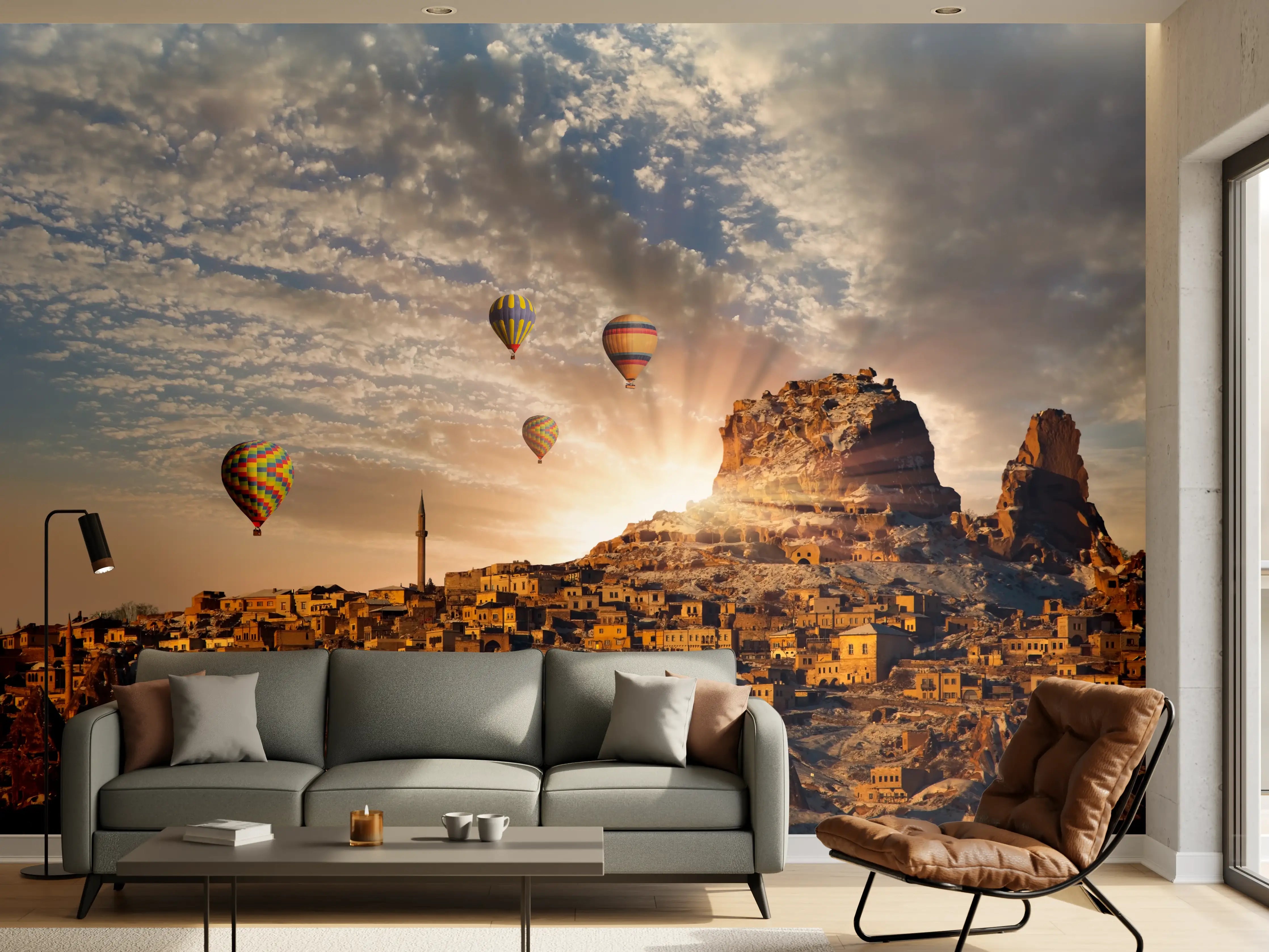 Wandverkleidung Wohnzimmer - Goldenes Sonnenaufgangsspektakel über der antiken Stadt