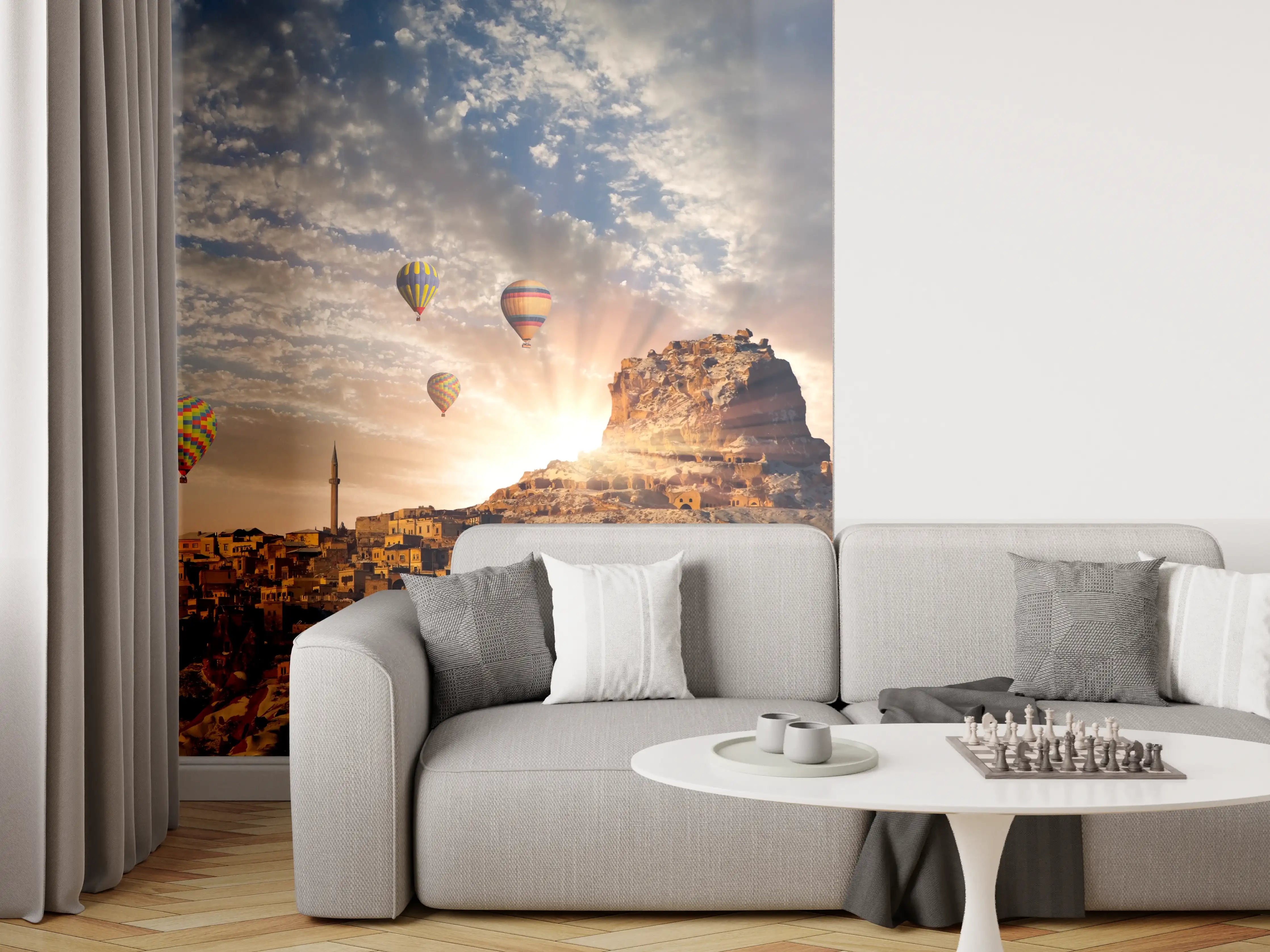 Wandverkleidung Wohnzimmer - Goldenes Sonnenaufgangsspektakel über der antiken Stadt