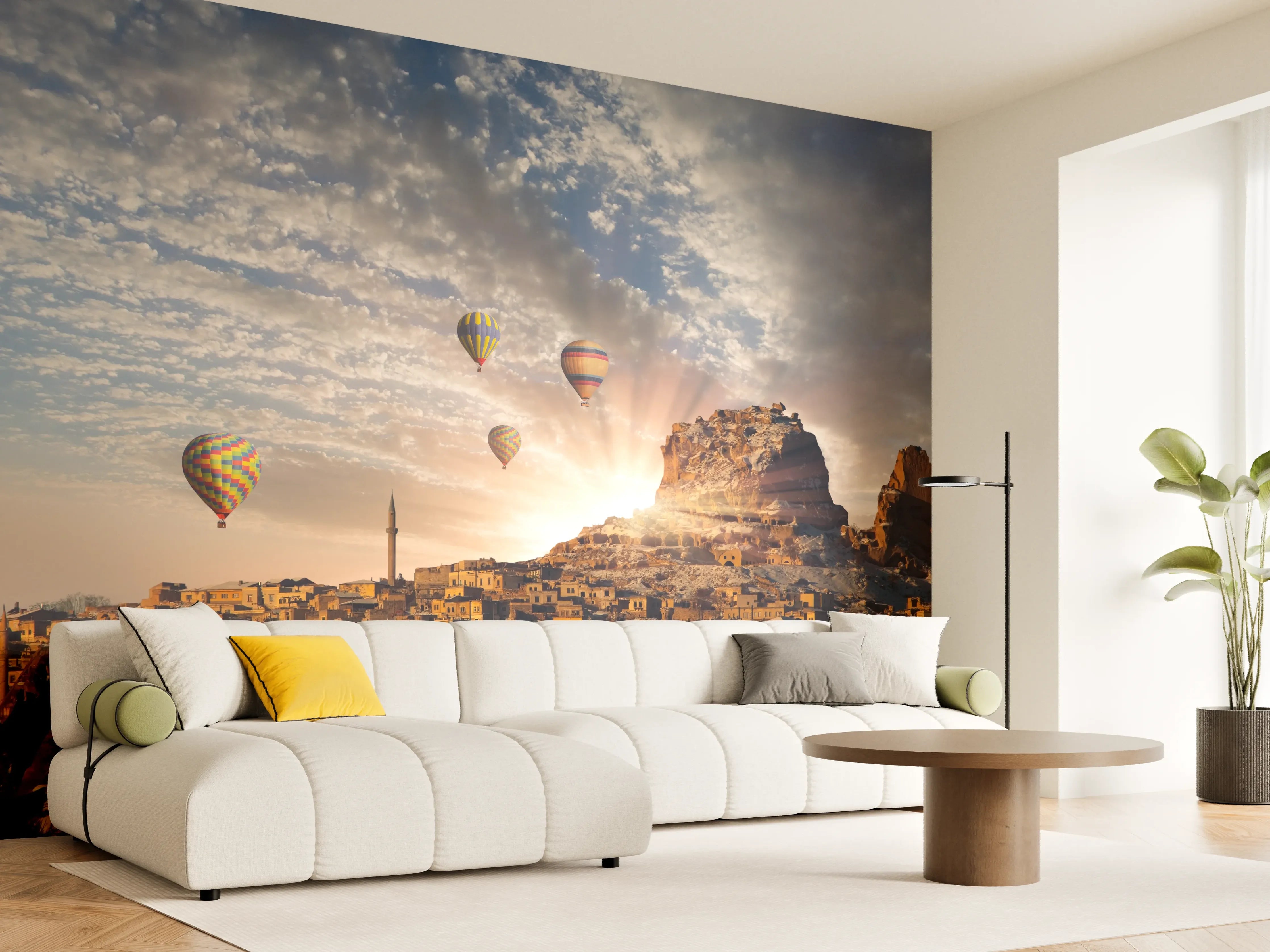 Wandverkleidung Wohnzimmer - Goldenes Sonnenaufgangsspektakel über der antiken Stadt