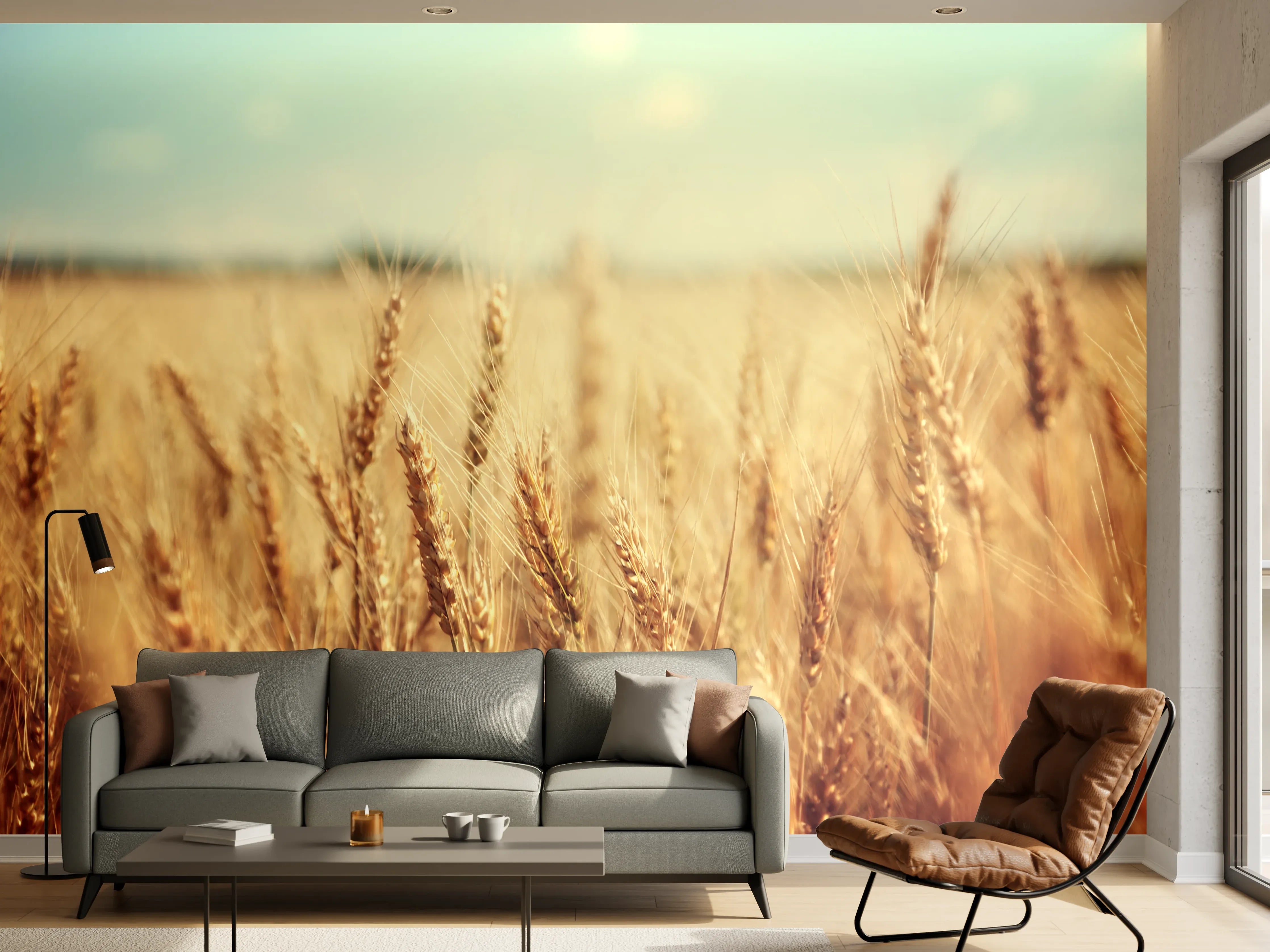 Wandverkleidung Wohnzimmer - Goldenes Weizenfeld bei Sonnenaufgang
