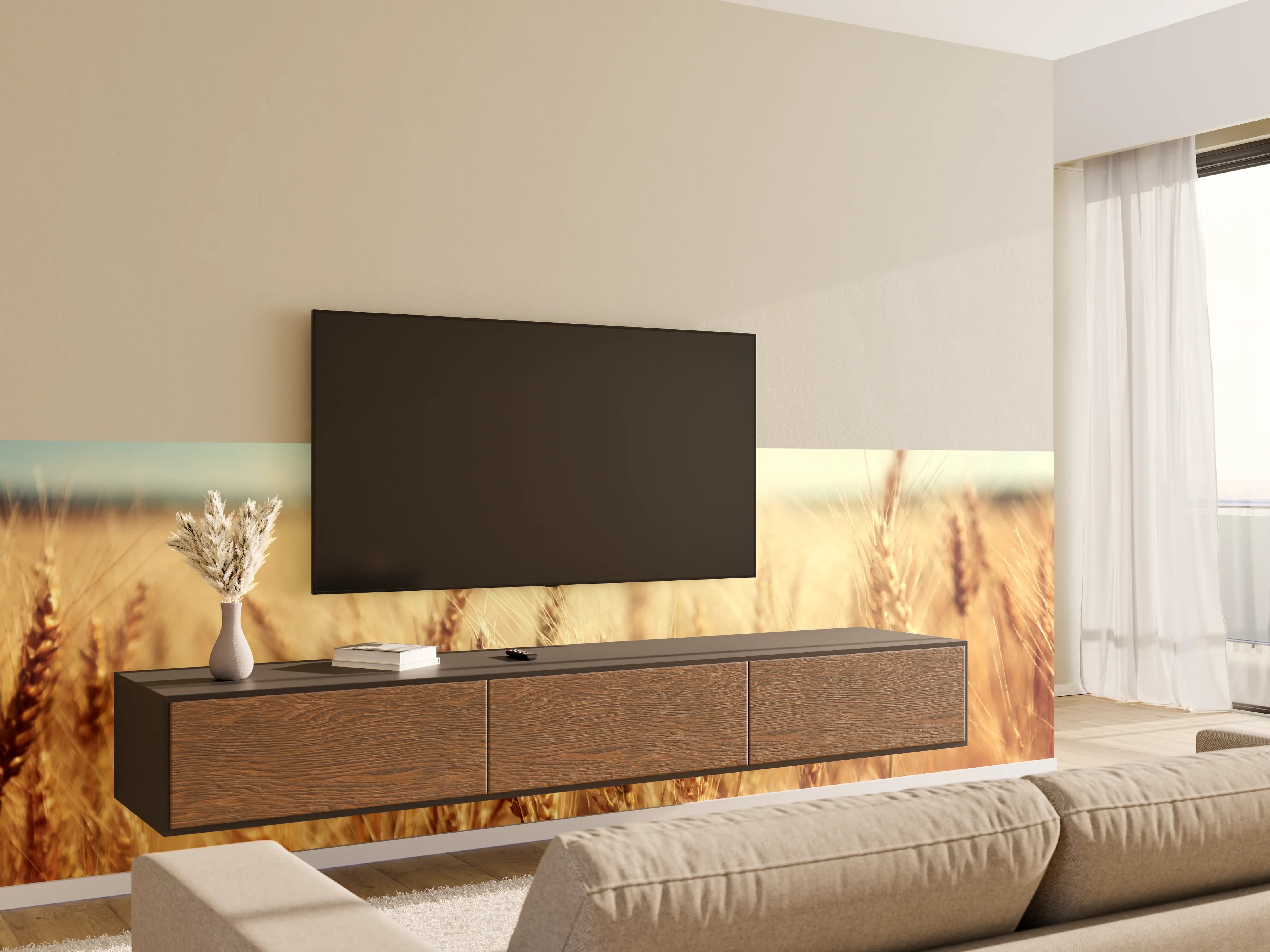 Wandverkleidung Wohnzimmer - Goldenes Weizenfeld bei Sonnenaufgang