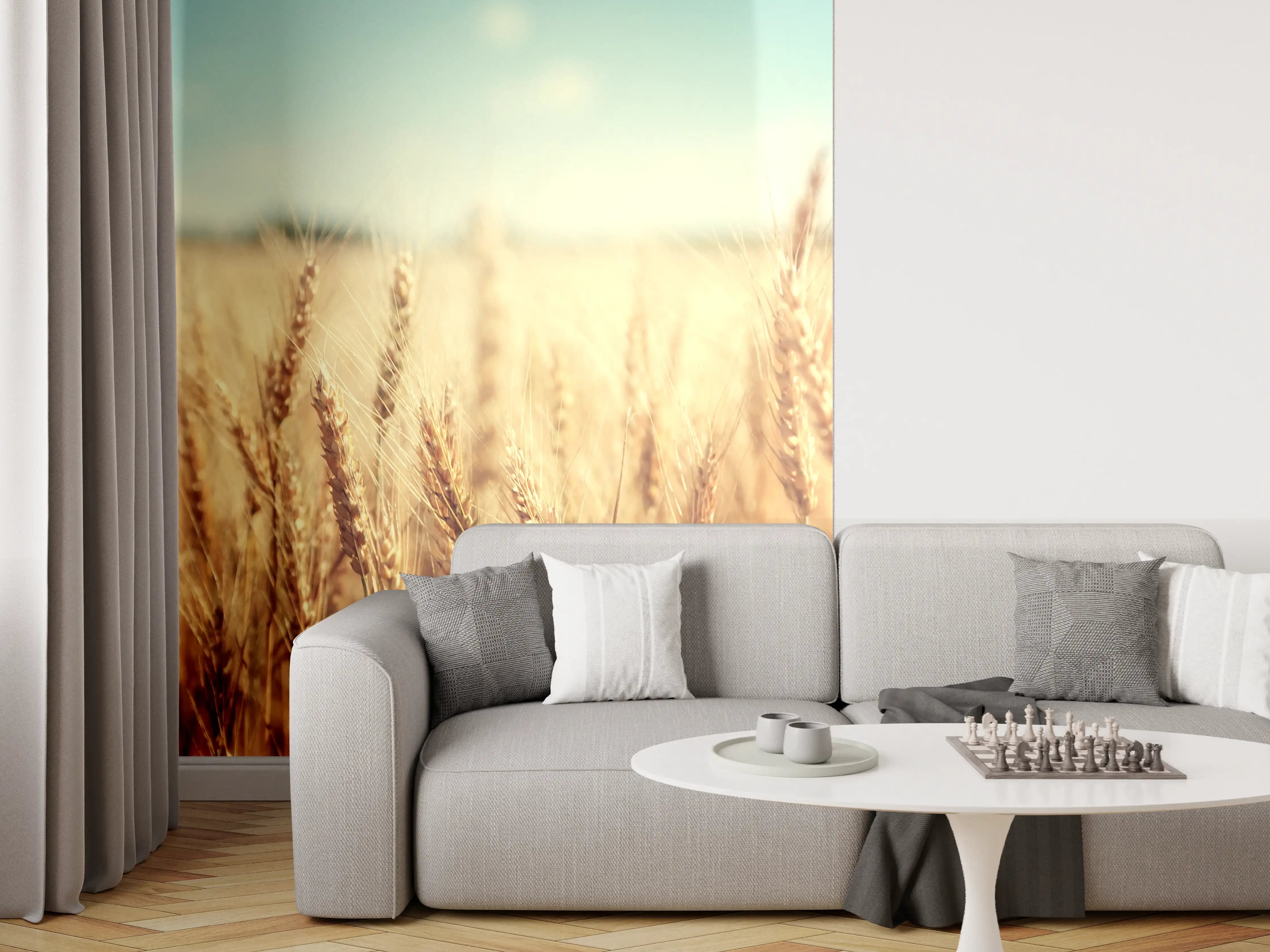 Wandverkleidung Wohnzimmer - Goldenes Weizenfeld bei Sonnenaufgang