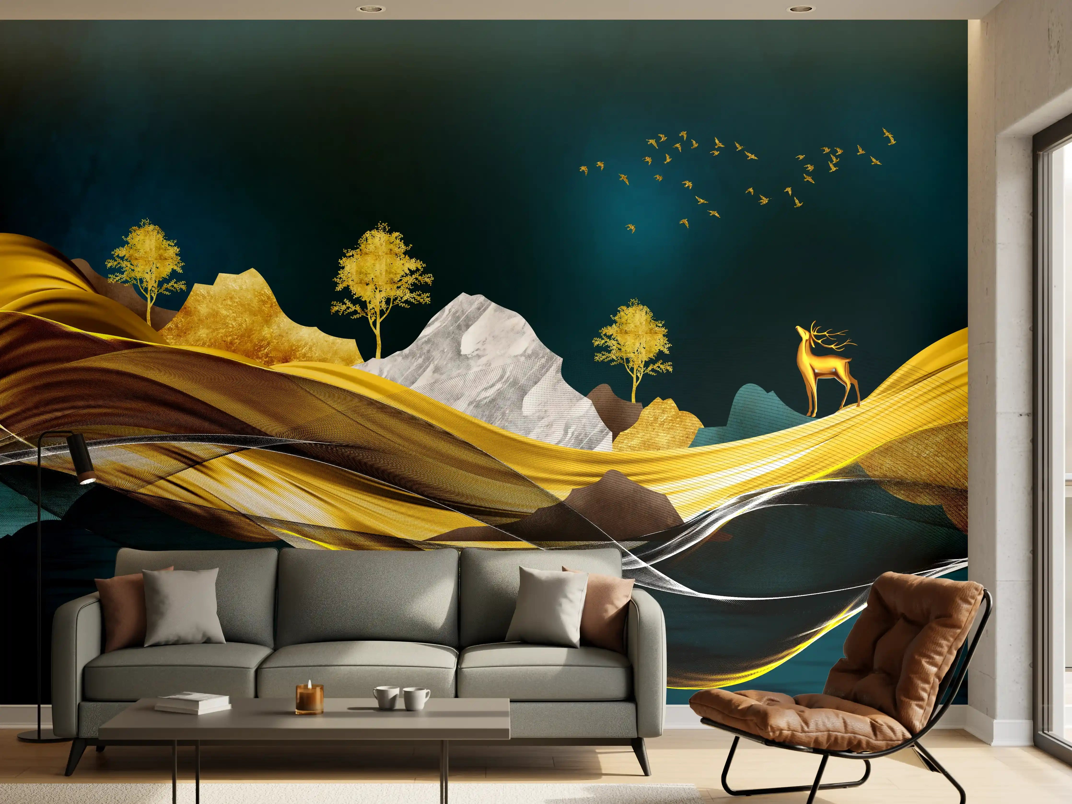 Wandverkleidung Wohnzimmer - Goldenes Wellendesign - 3D 