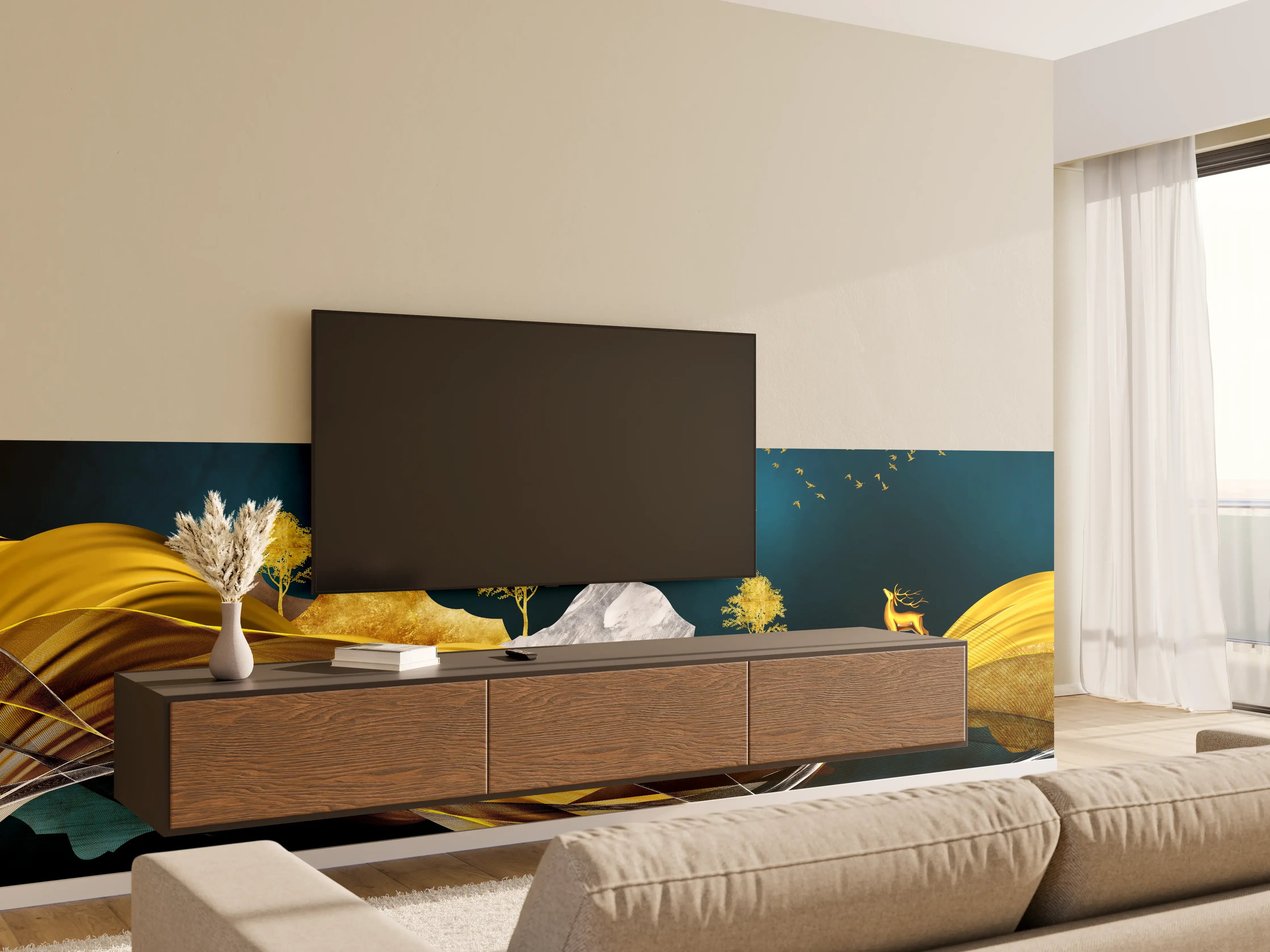 Wandverkleidung Wohnzimmer - Goldenes Wellendesign - 3D 