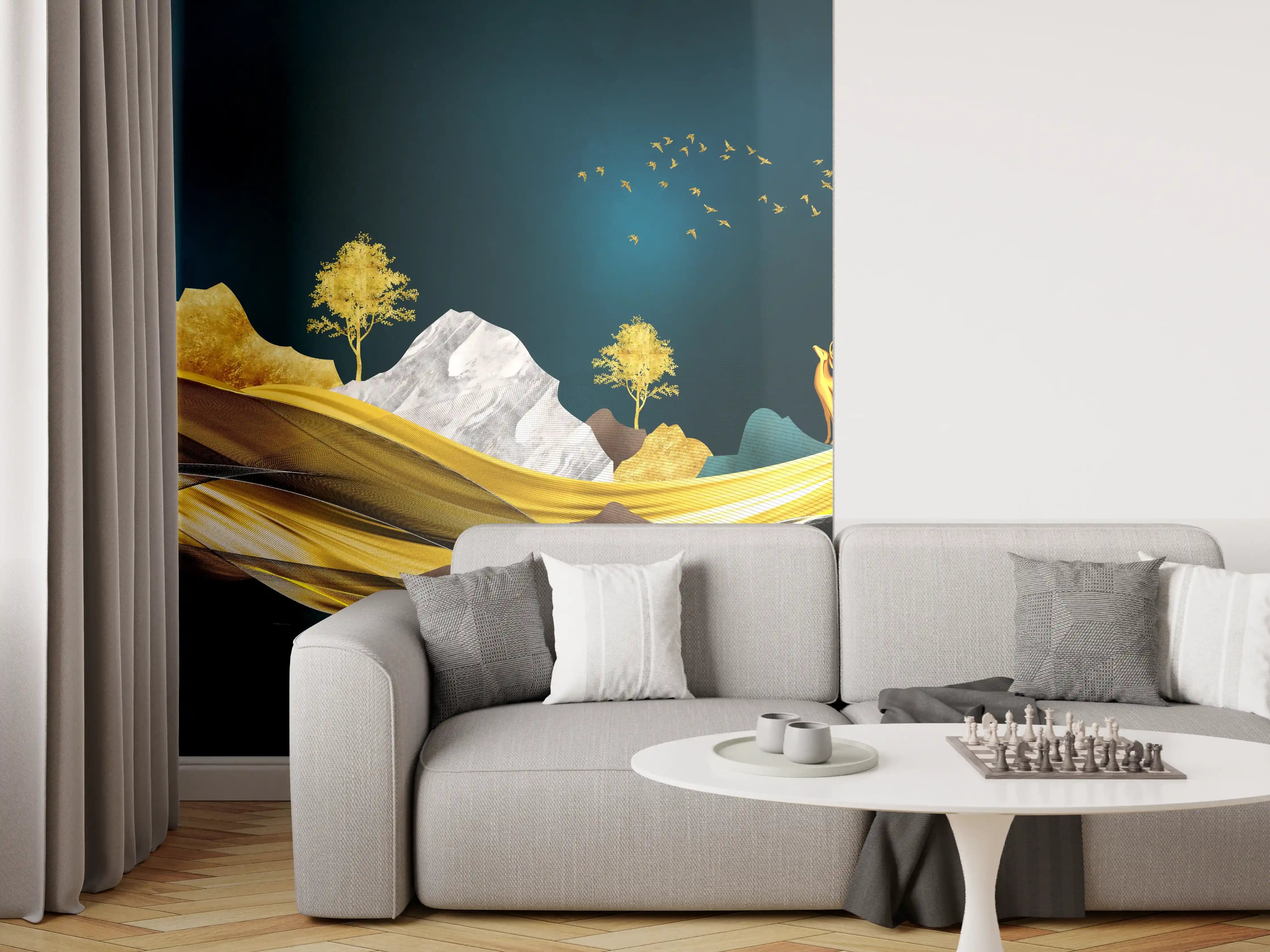 Wandverkleidung Wohnzimmer - Goldenes Wellendesign - 3D 