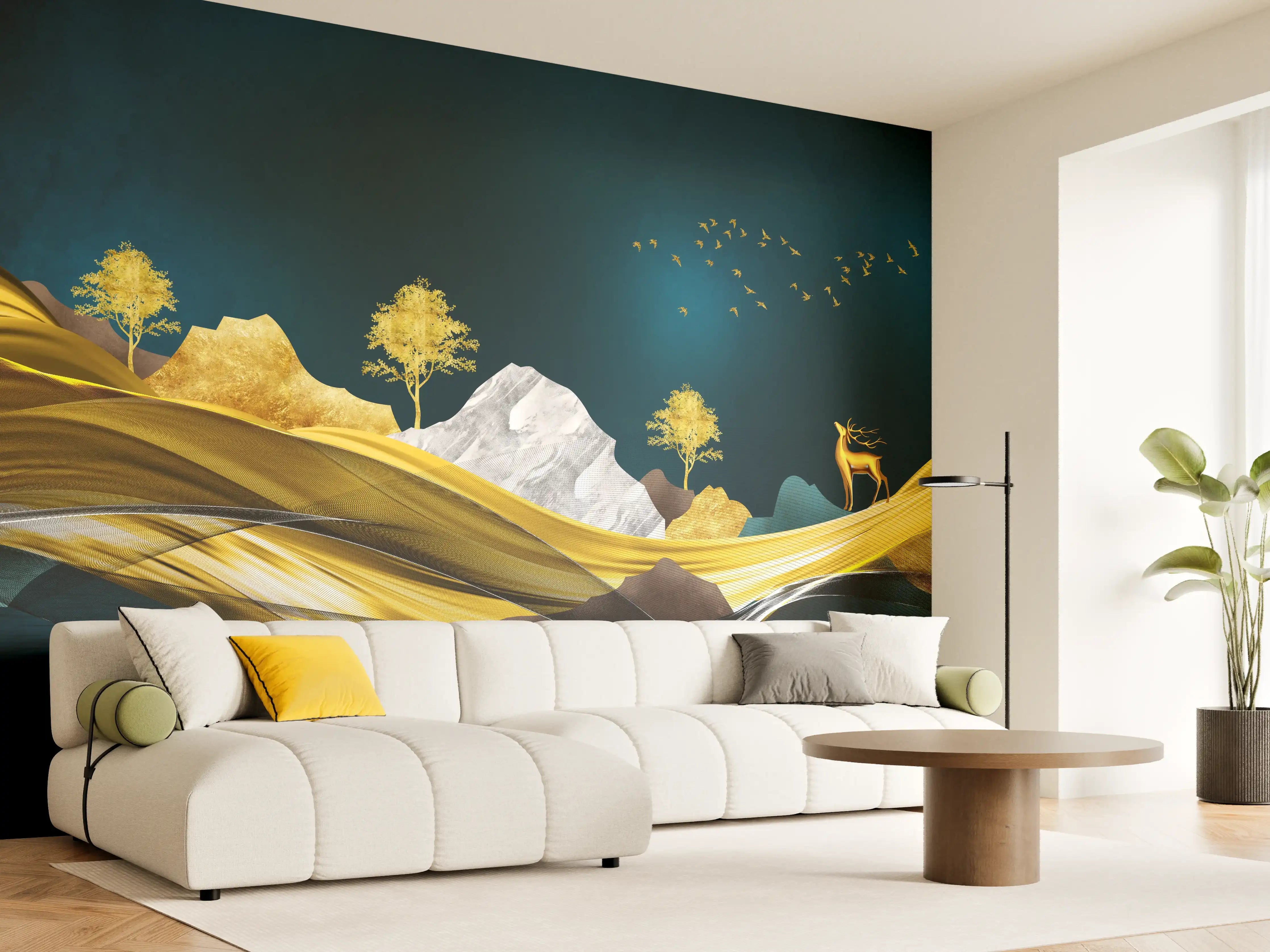 Wandverkleidung Wohnzimmer - Goldenes Wellendesign - 3D 