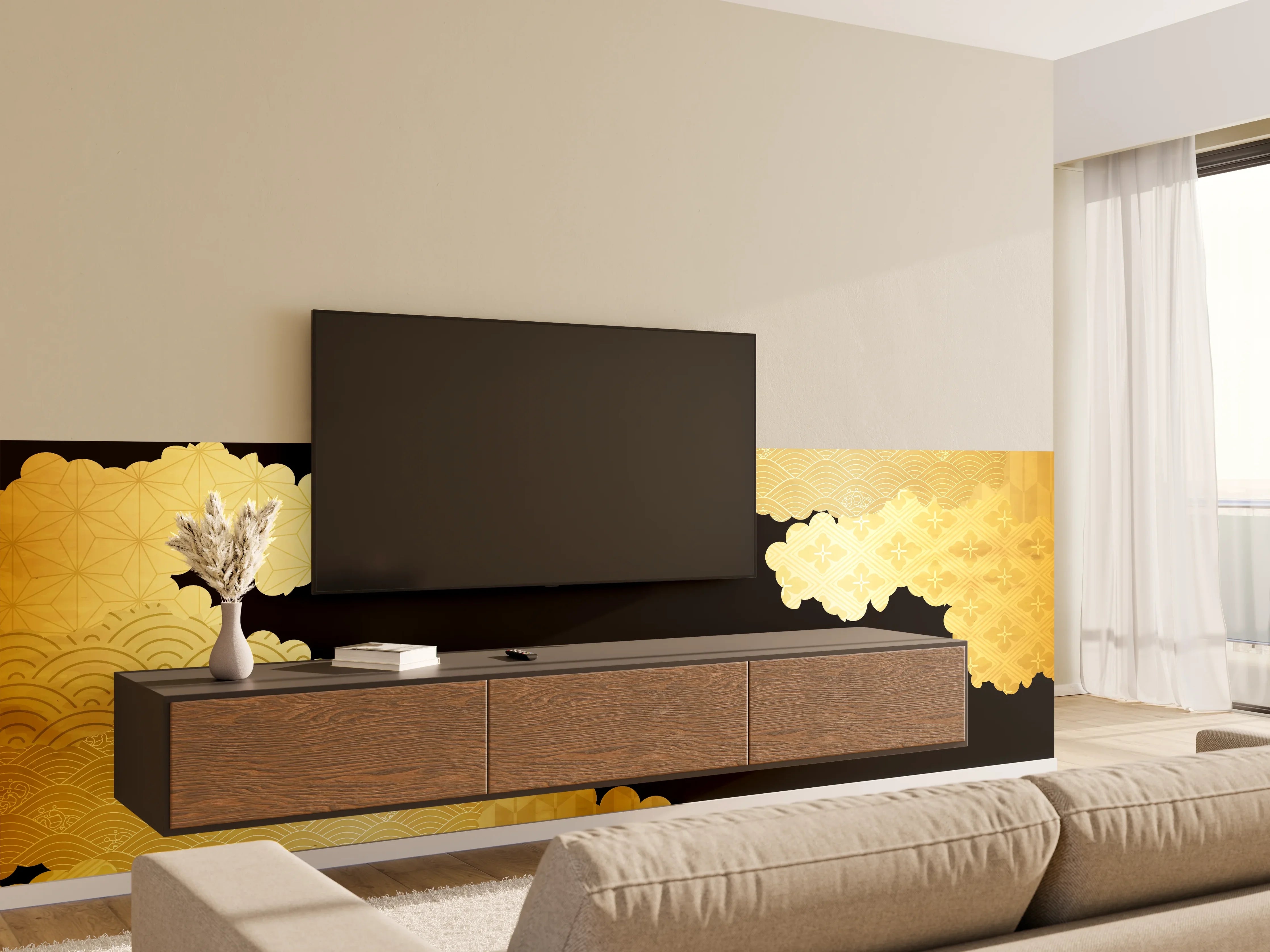 Wandverkleidung Wohnzimmer - Goldenes Wolkendesign Muster
