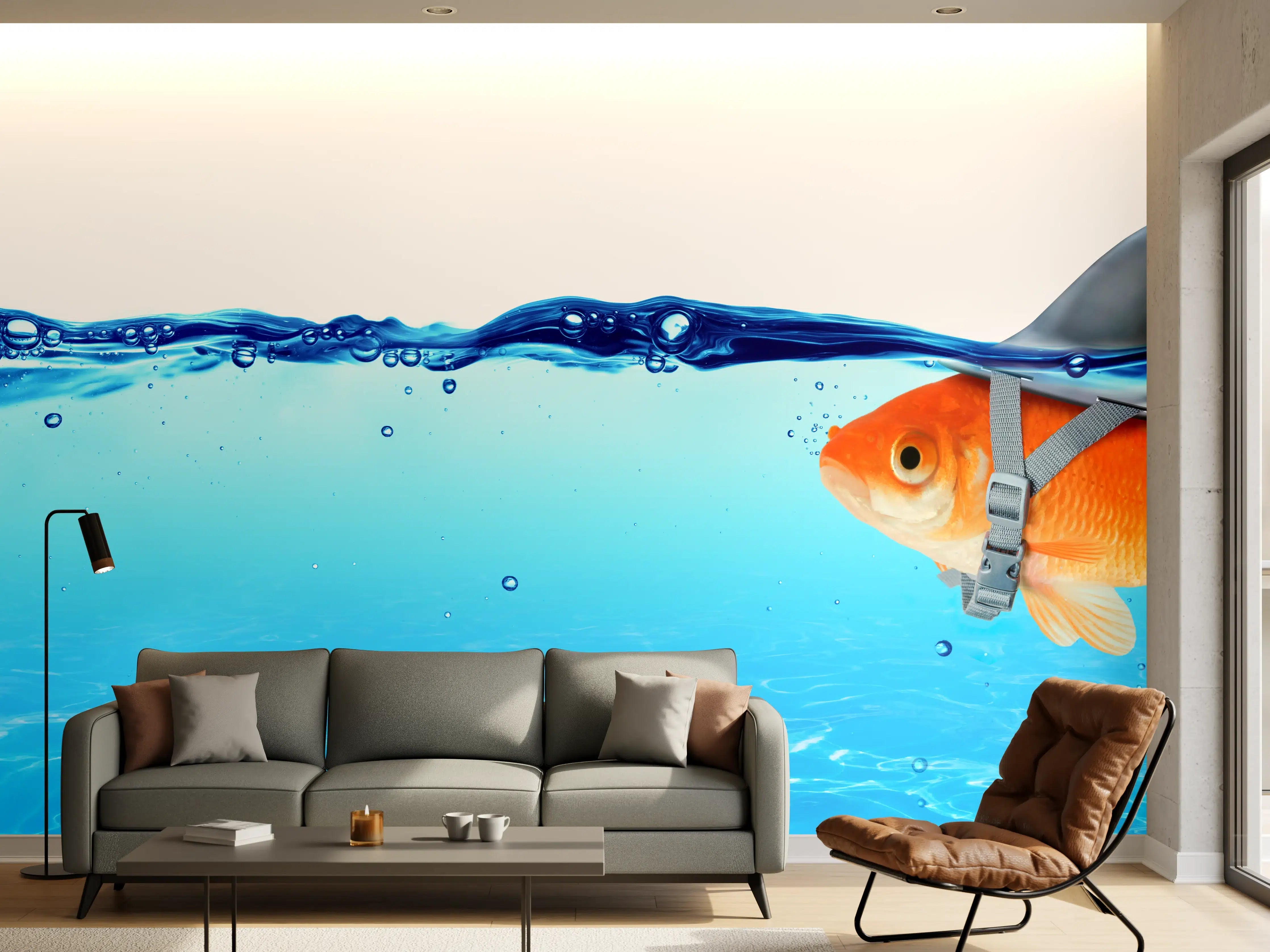 Wandverkleidung Wohnzimmer - Goldfisch als Hai