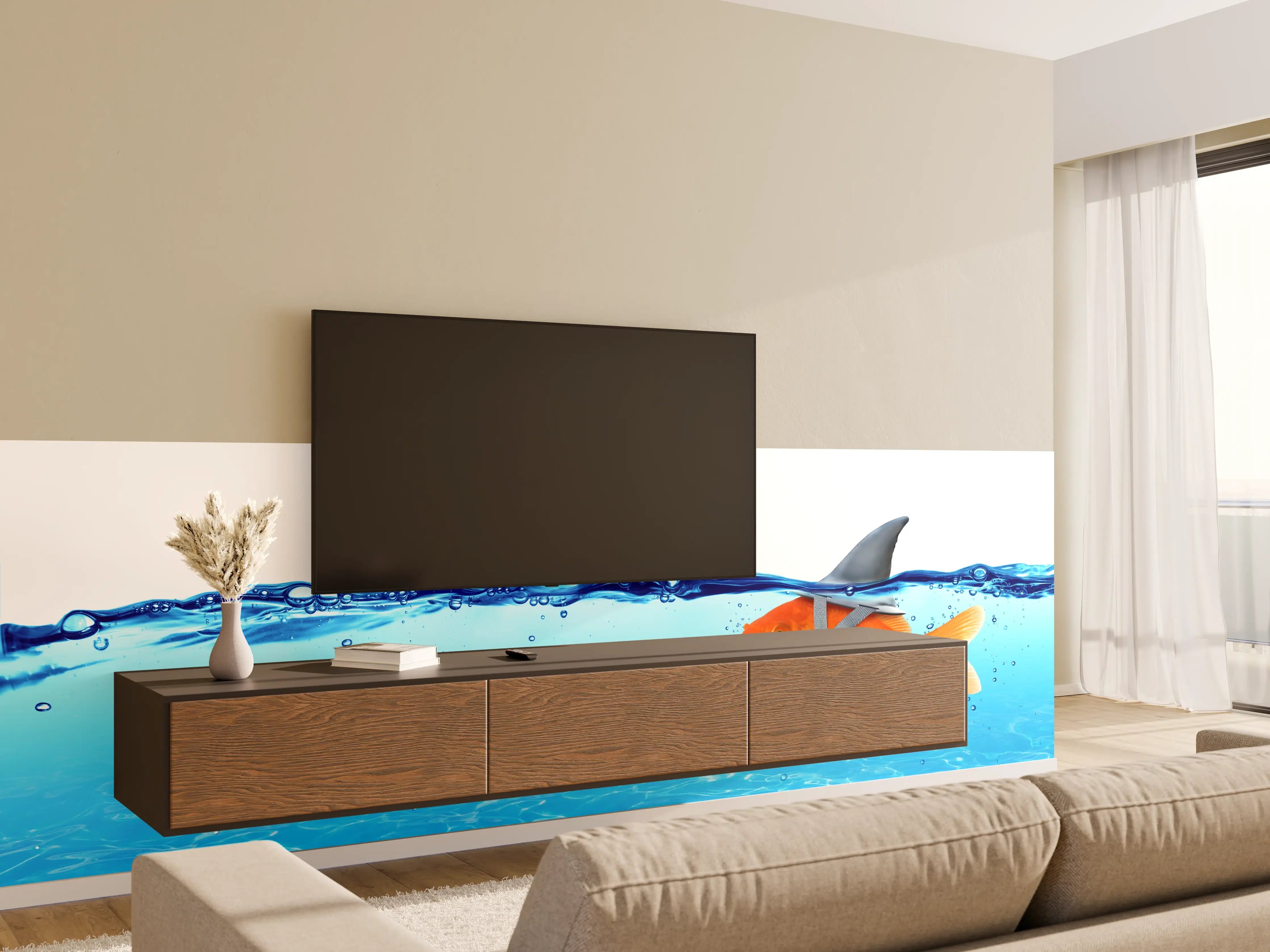 Wandverkleidung Wohnzimmer - Goldfisch als Hai