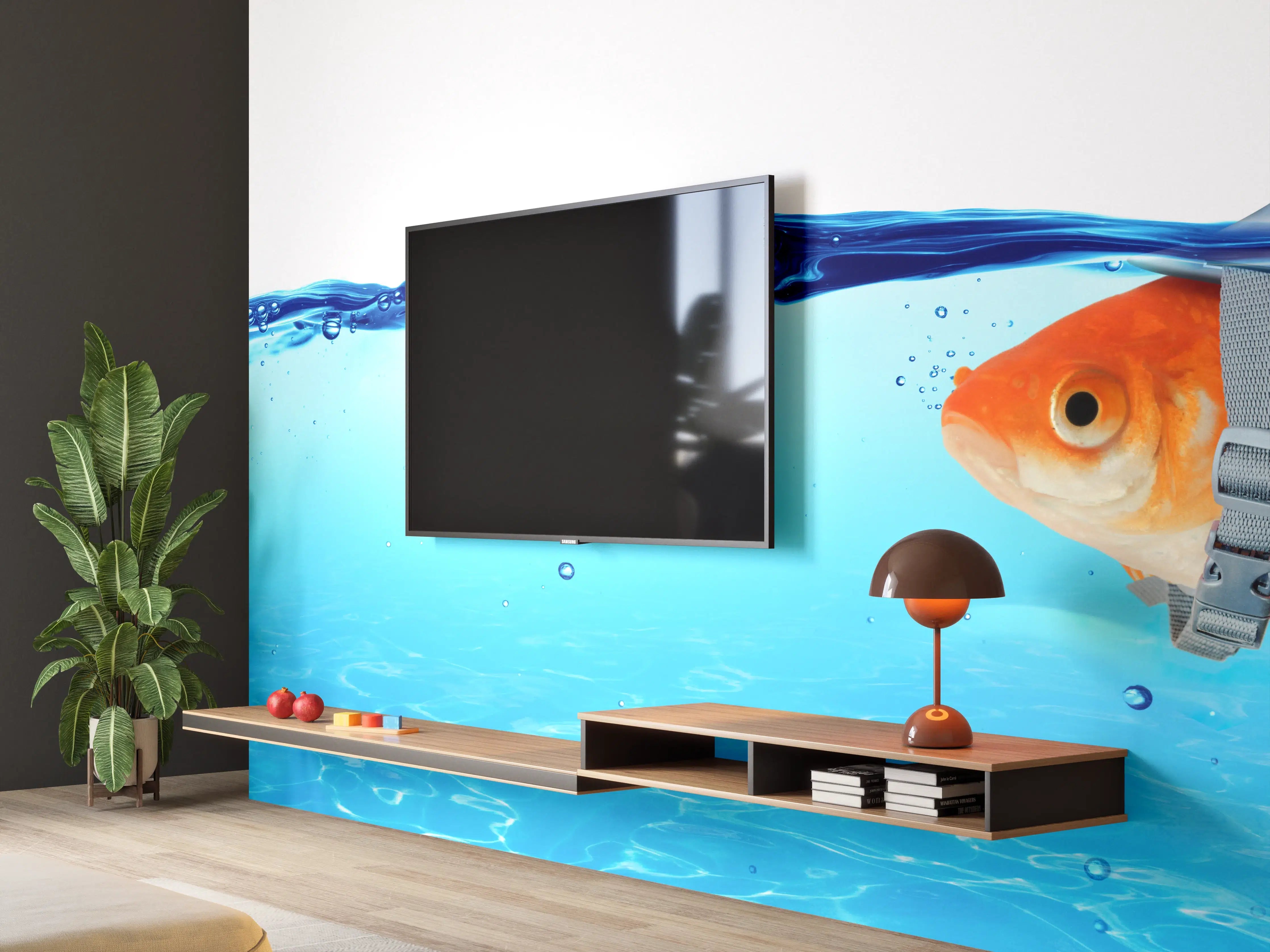 Wandverkleidung Wohnzimmer - Goldfisch als Hai