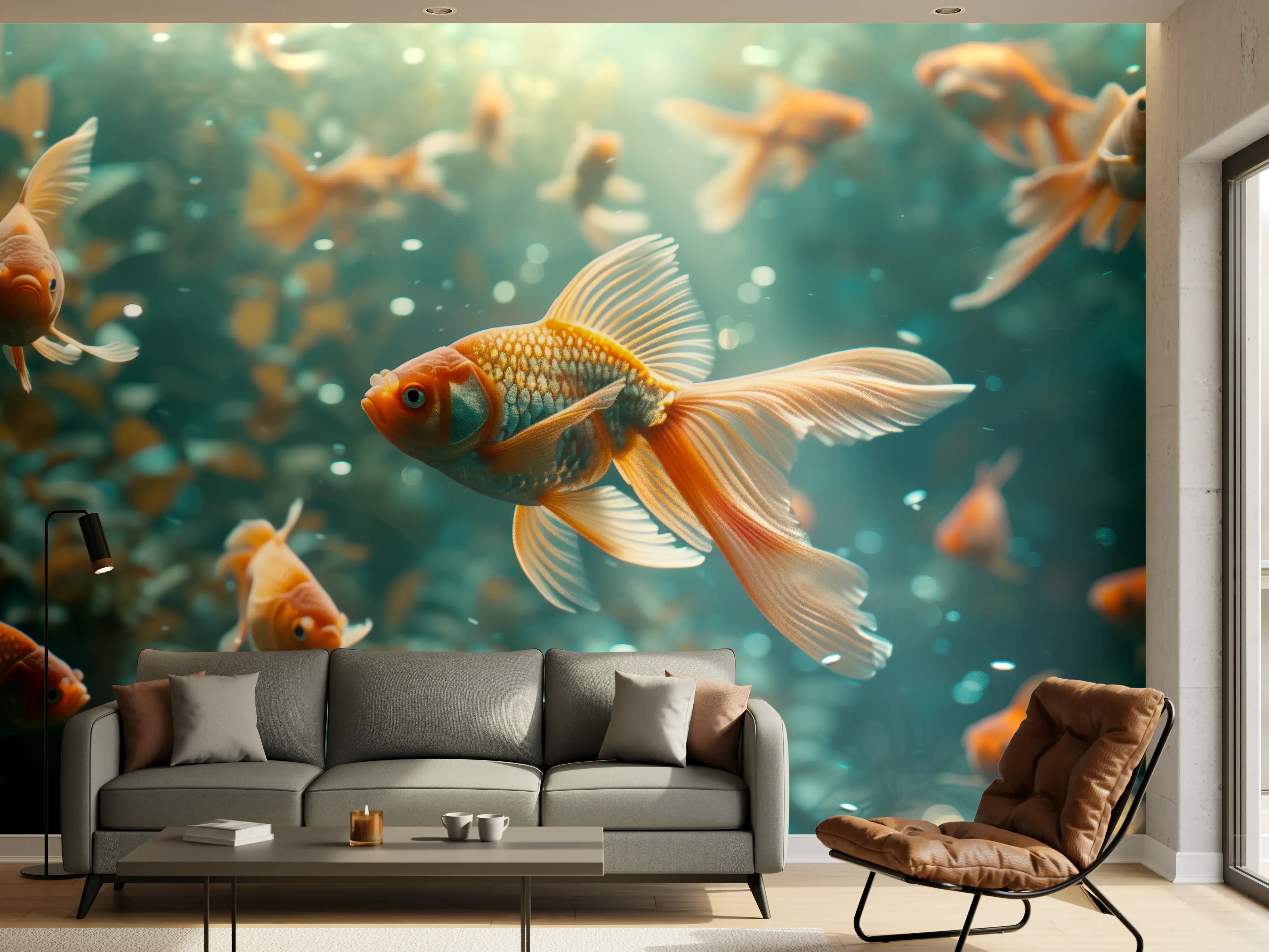 Wandverkleidung Wohnzimmer - Goldfische Türkis-Orange