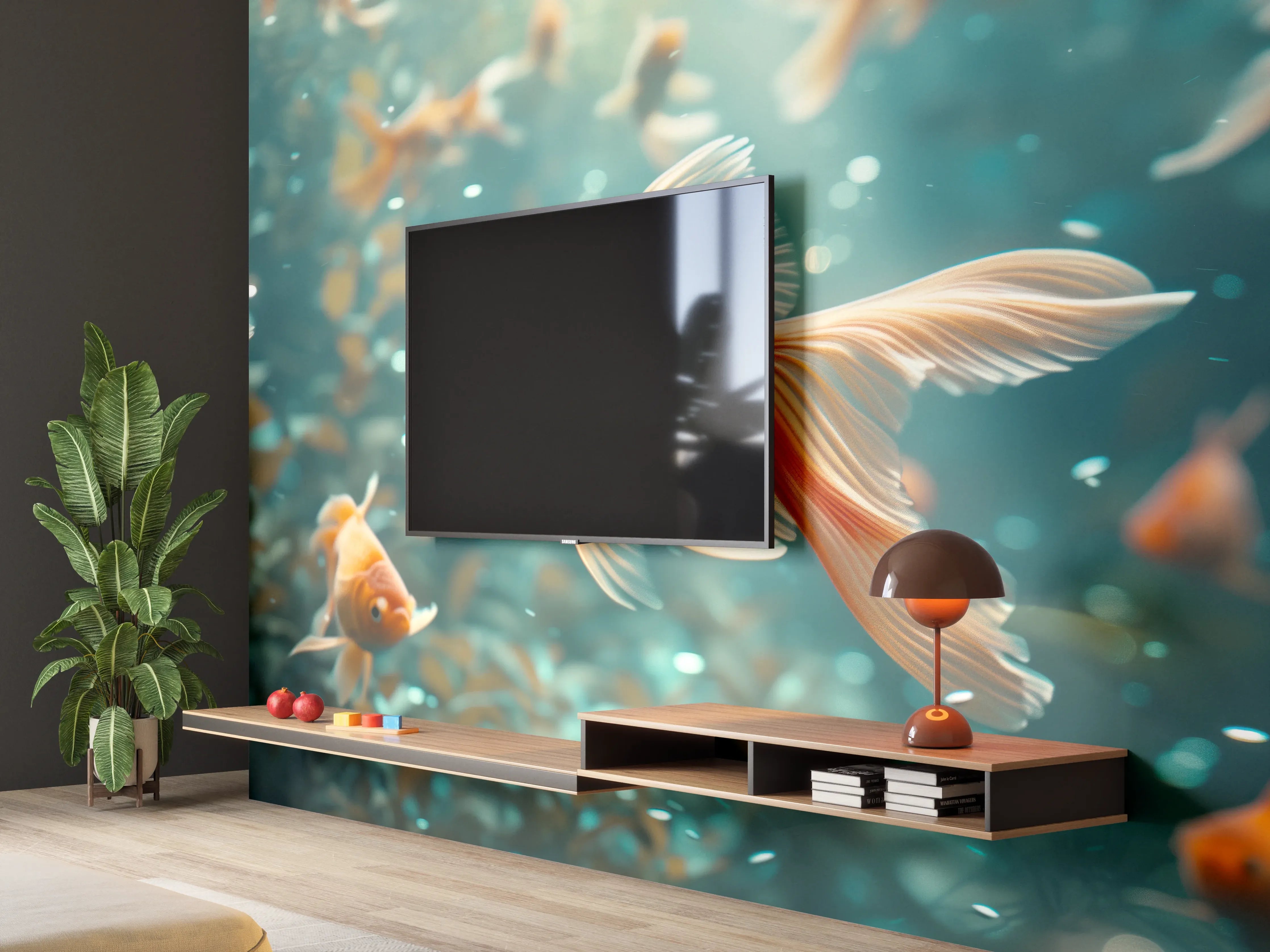 Wandverkleidung Wohnzimmer - Goldfische Türkis-Orange