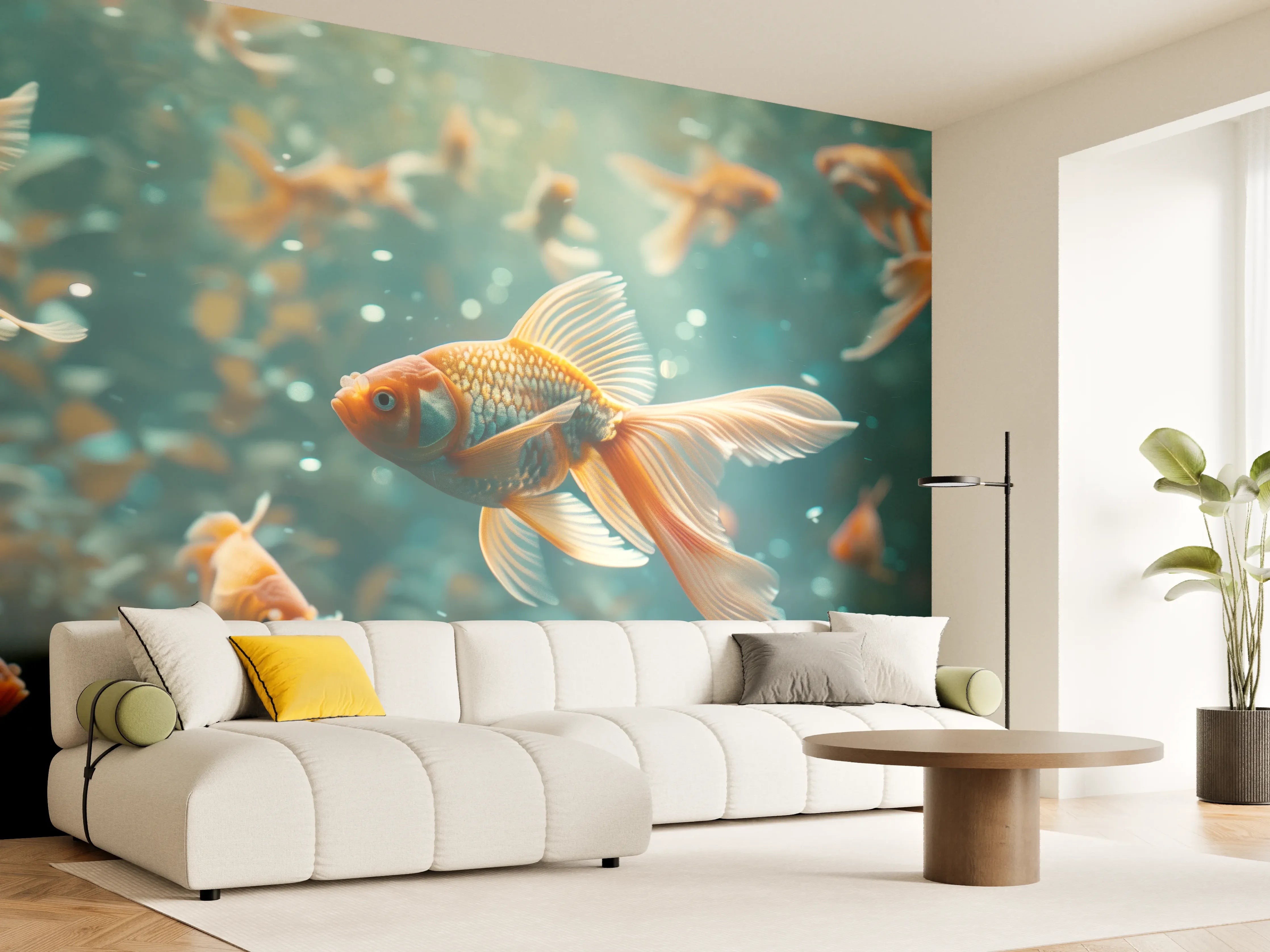 Wandverkleidung Wohnzimmer - Goldfische Türkis-Orange