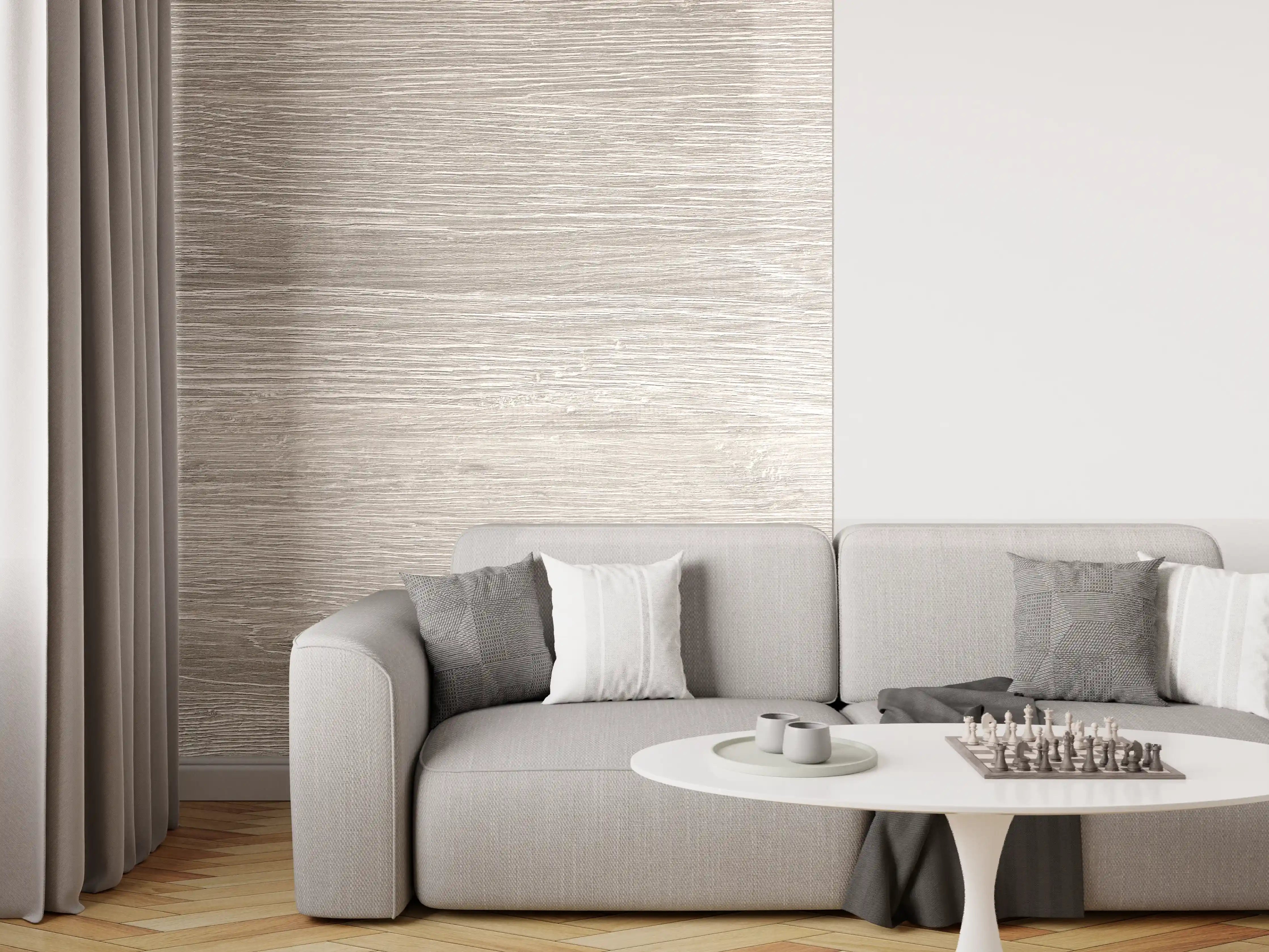 Wandverkleidung Wohnzimmer - Gräuliche Eichenholzplatte