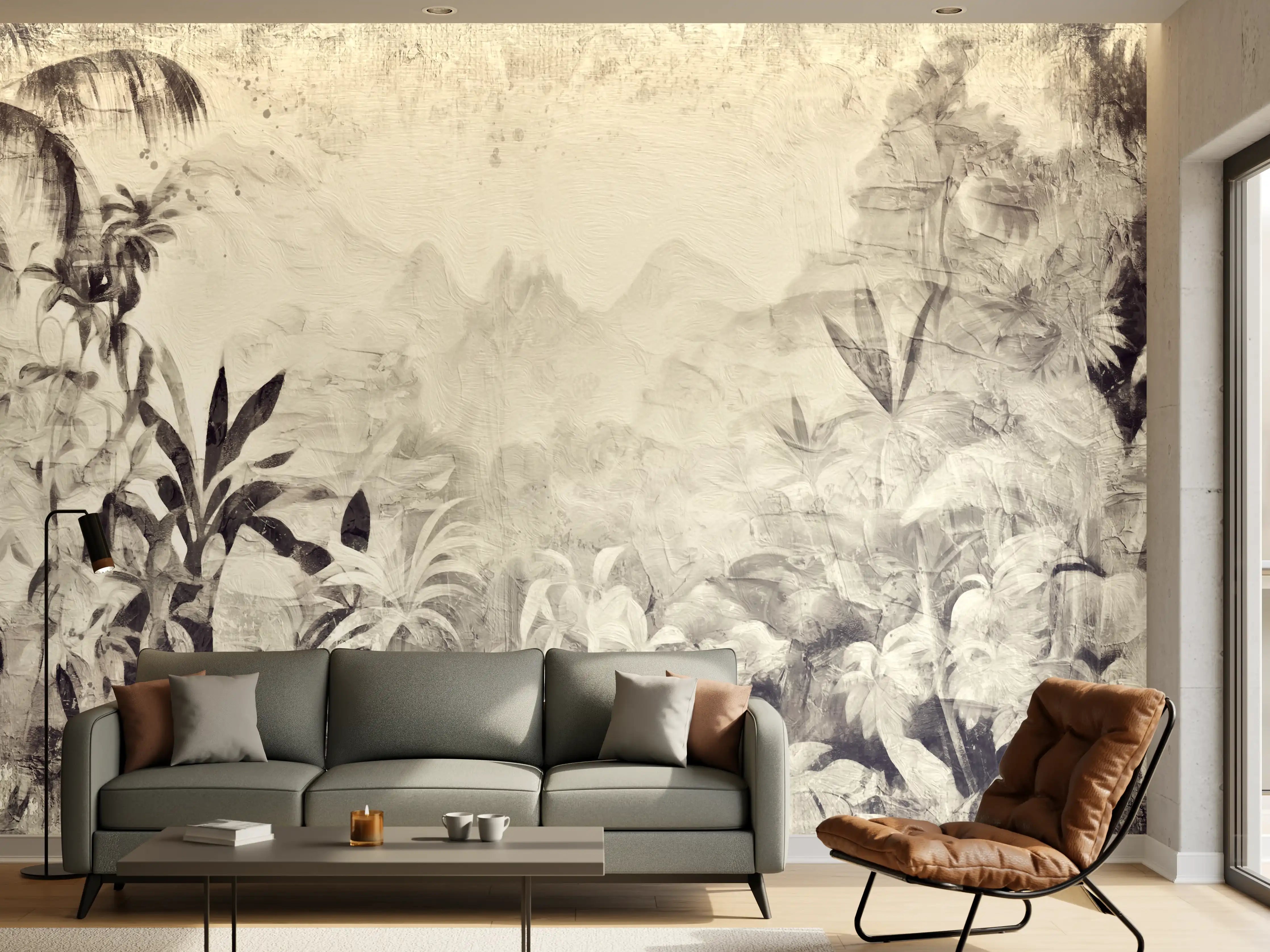 Wandverkleidung Wohnzimmer - Gräuliche Landschaft - Floral
