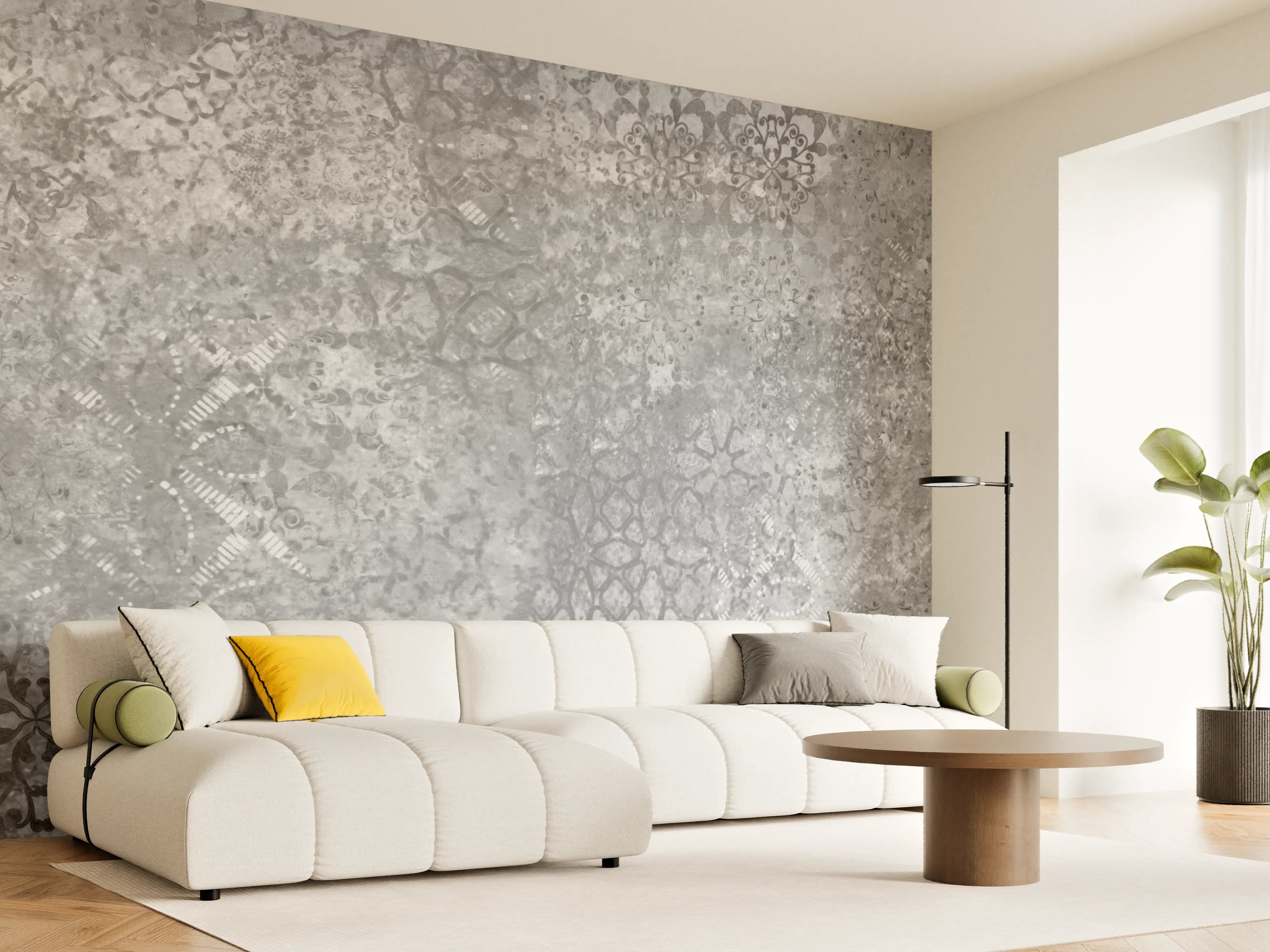 Wandverkleidung Wohnzimmer - Gräuliche Patchwork Fliesen