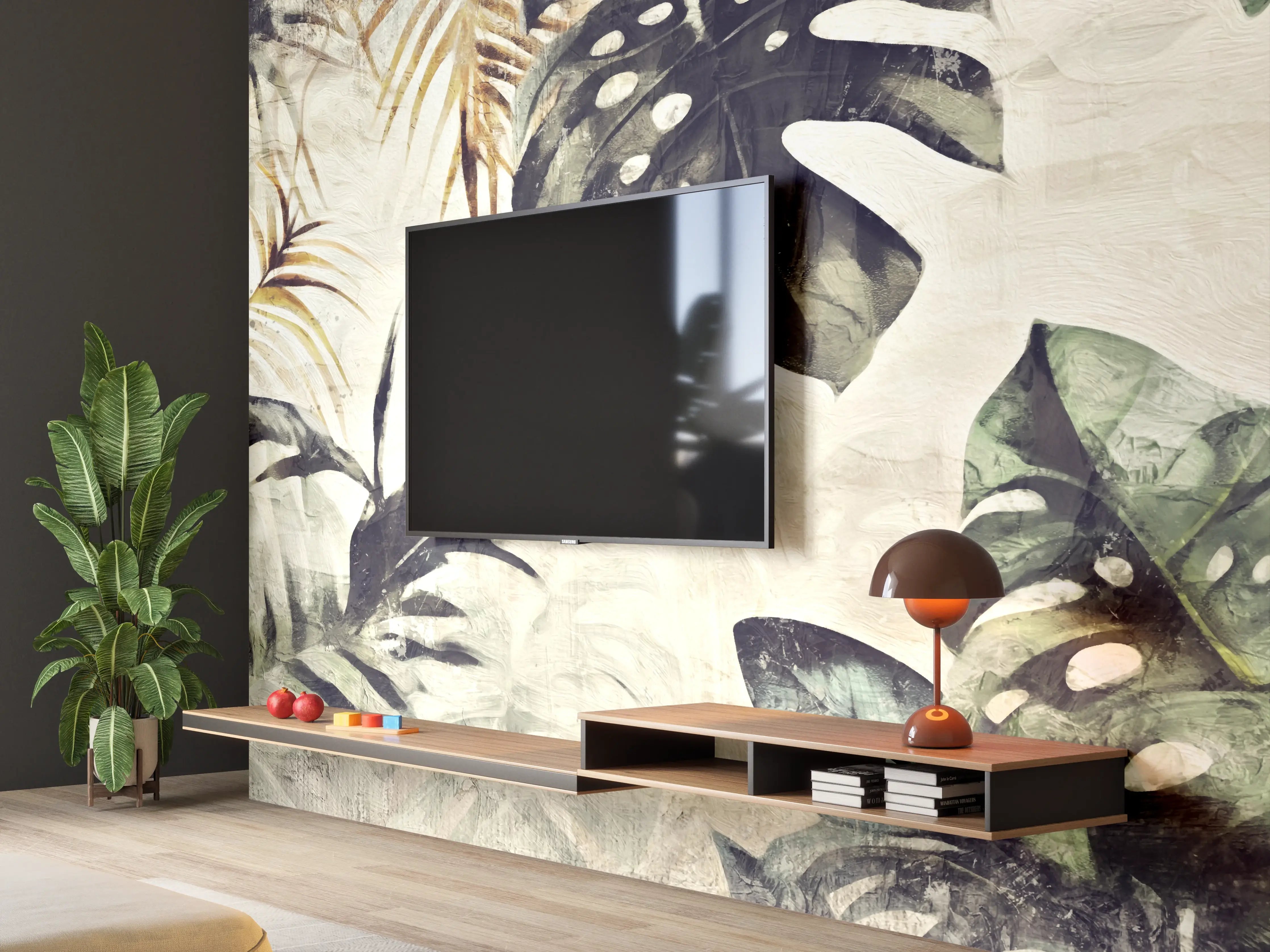 Wandverkleidung Wohnzimmer - Gräuliche Pflanzen - Floral