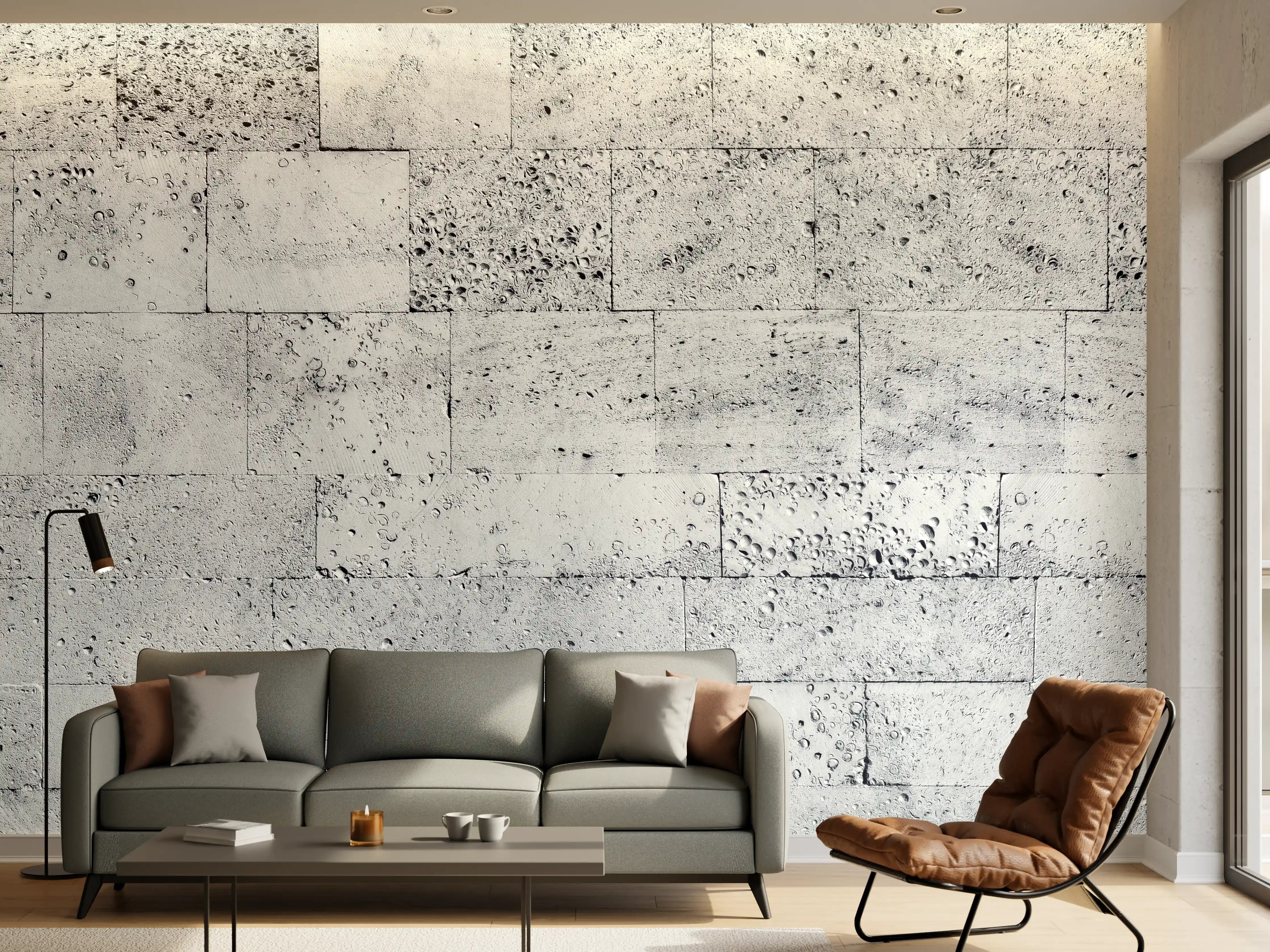 Wandverkleidung Wohnzimmer - Gräuliche Tuffstein-Blockwand