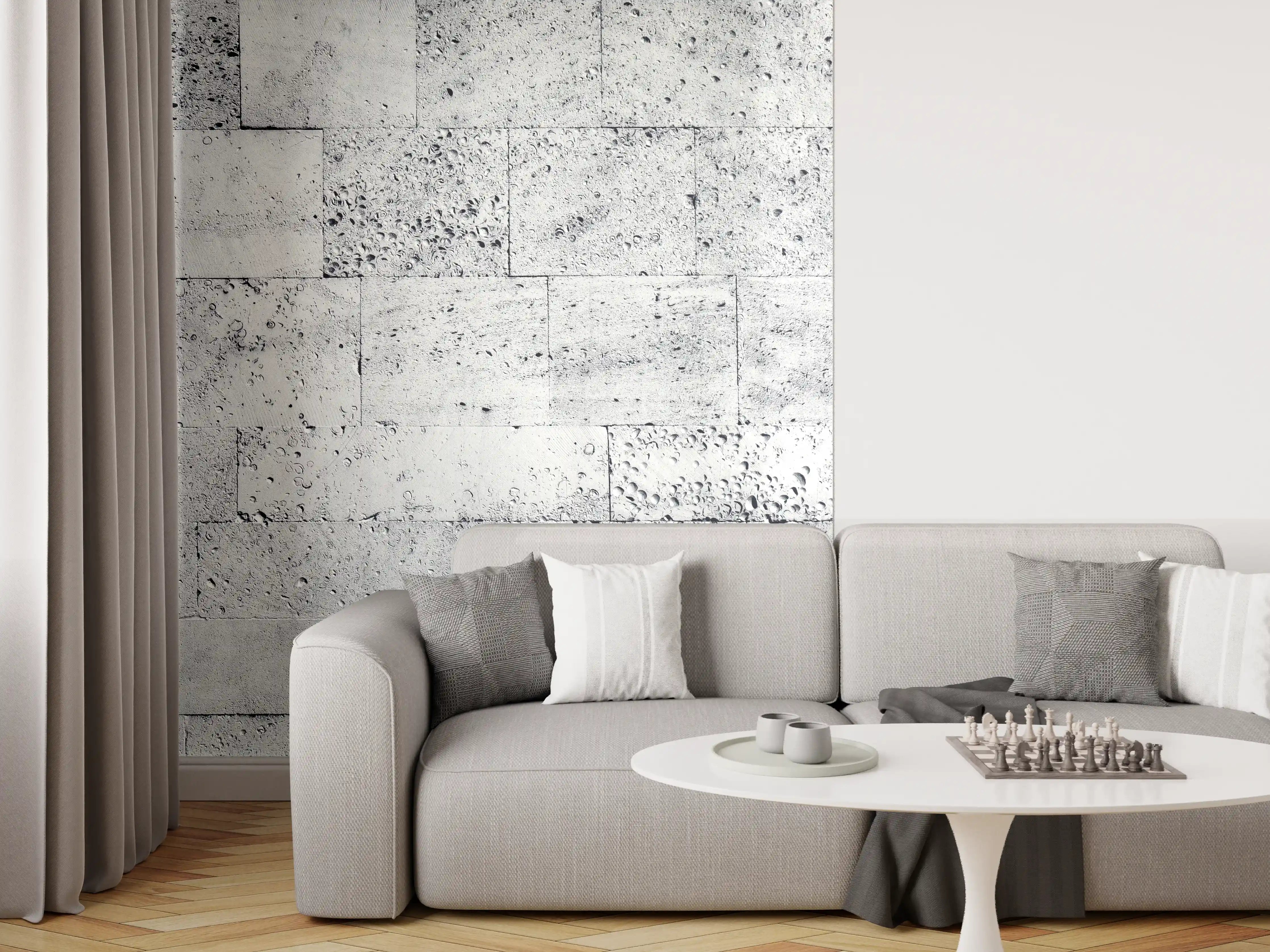Wandverkleidung Wohnzimmer - Gräuliche Tuffstein-Blockwand