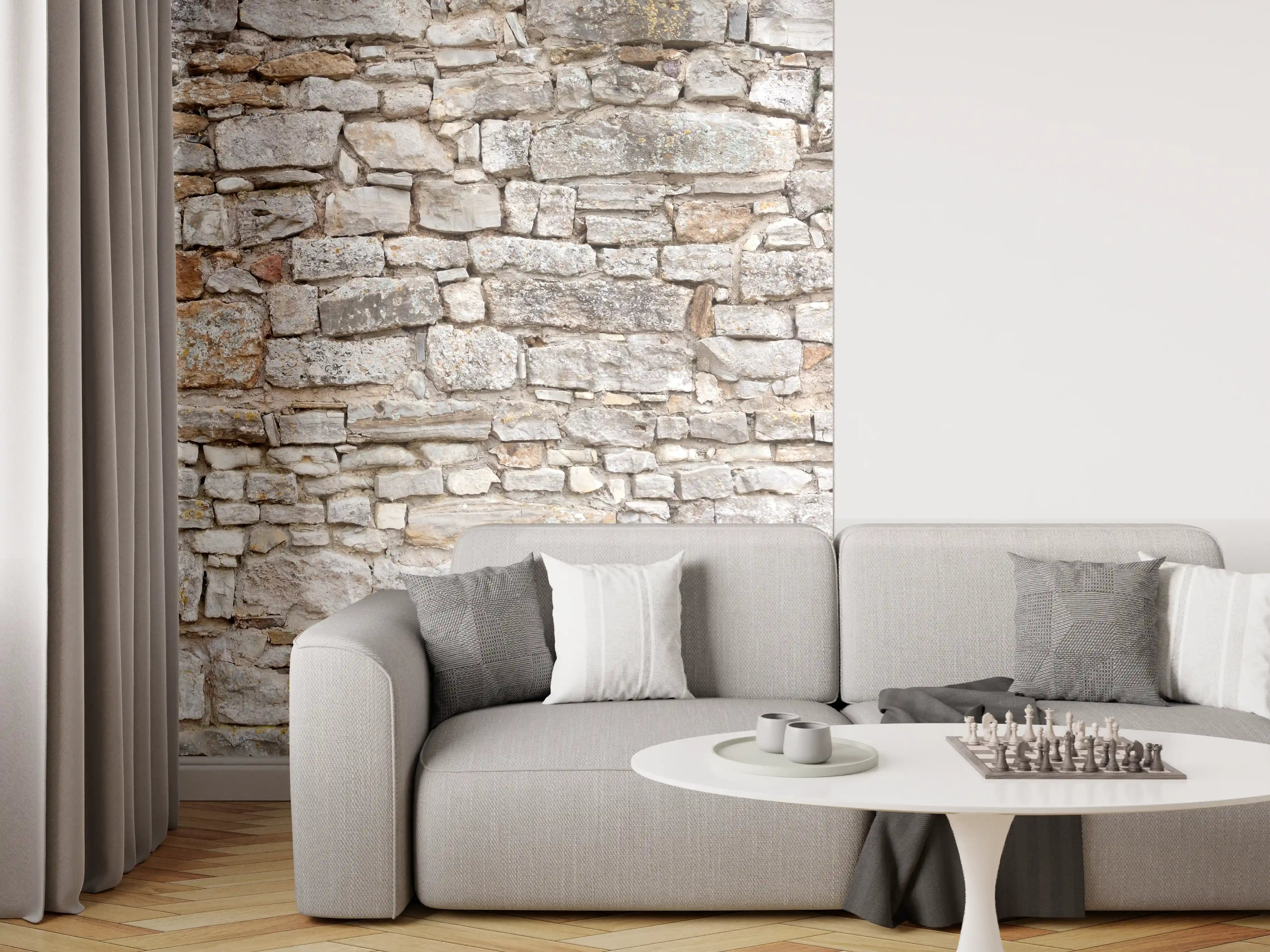 Wandverkleidung Wohnzimmer - Gräuliche alte Mauer aus groben Steinen