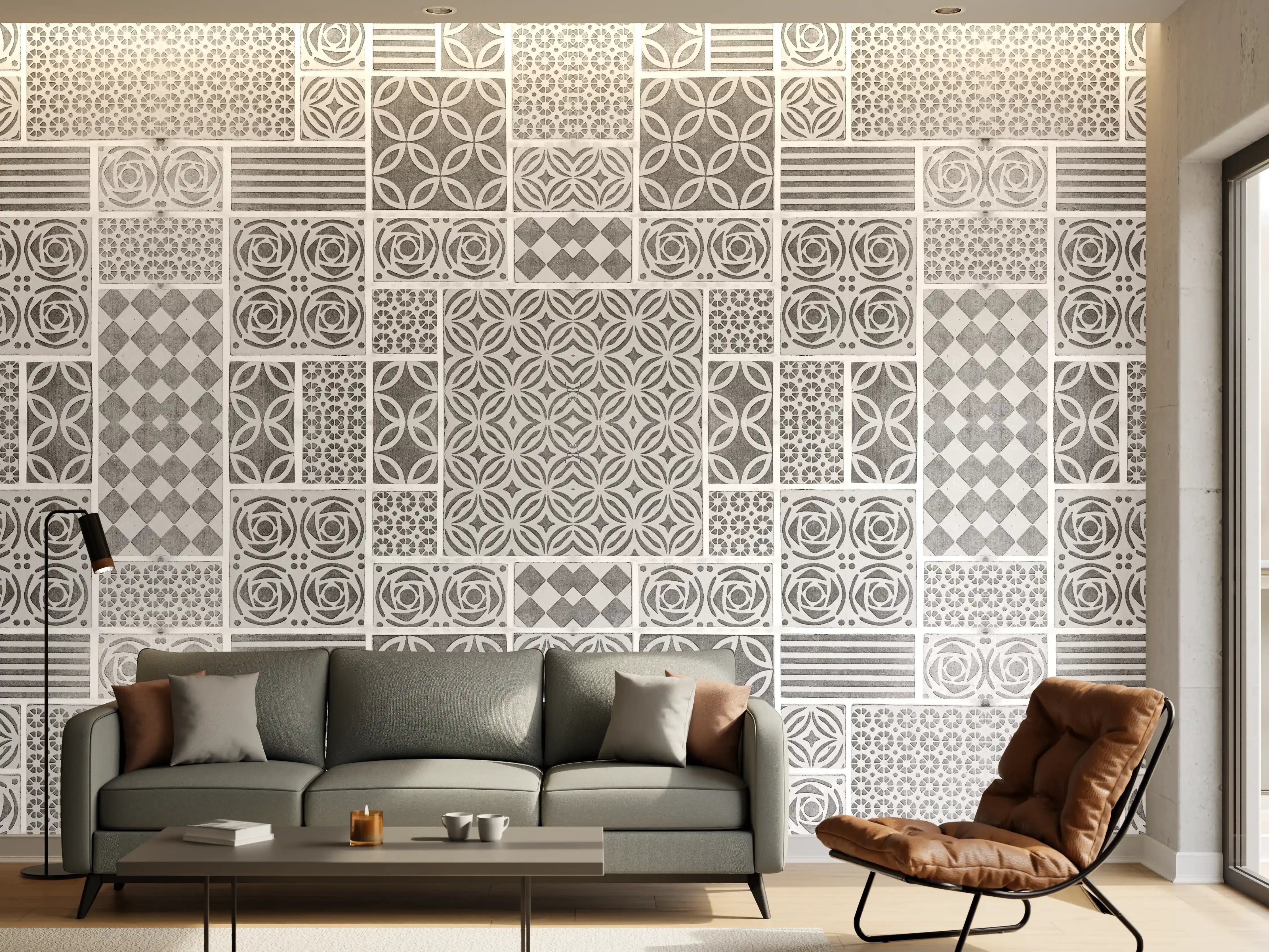 Wandverkleidung Wohnzimmer - Gräuliche geometrische Fliesen