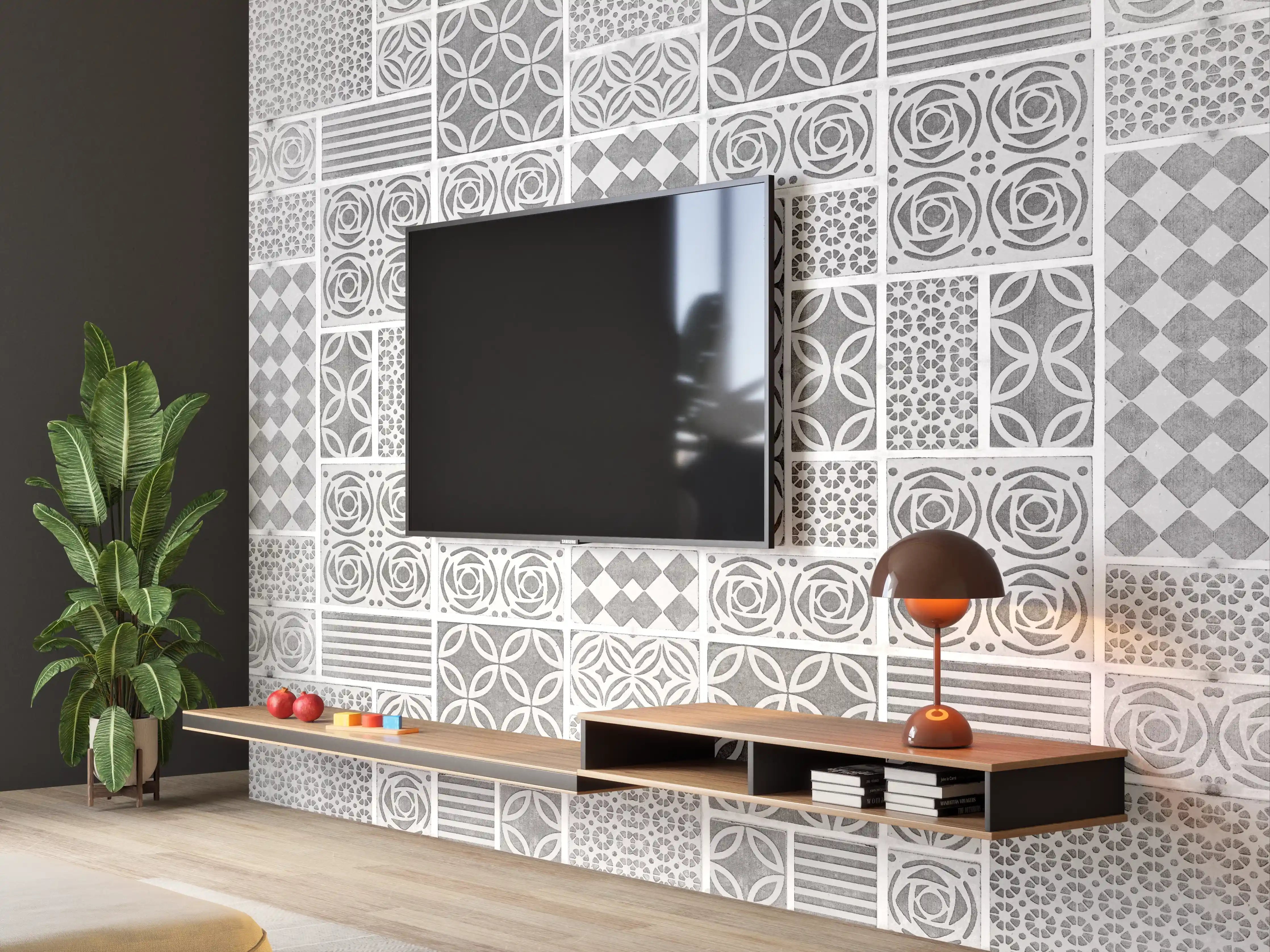 Wandverkleidung Wohnzimmer - Gräuliche geometrische Fliesen