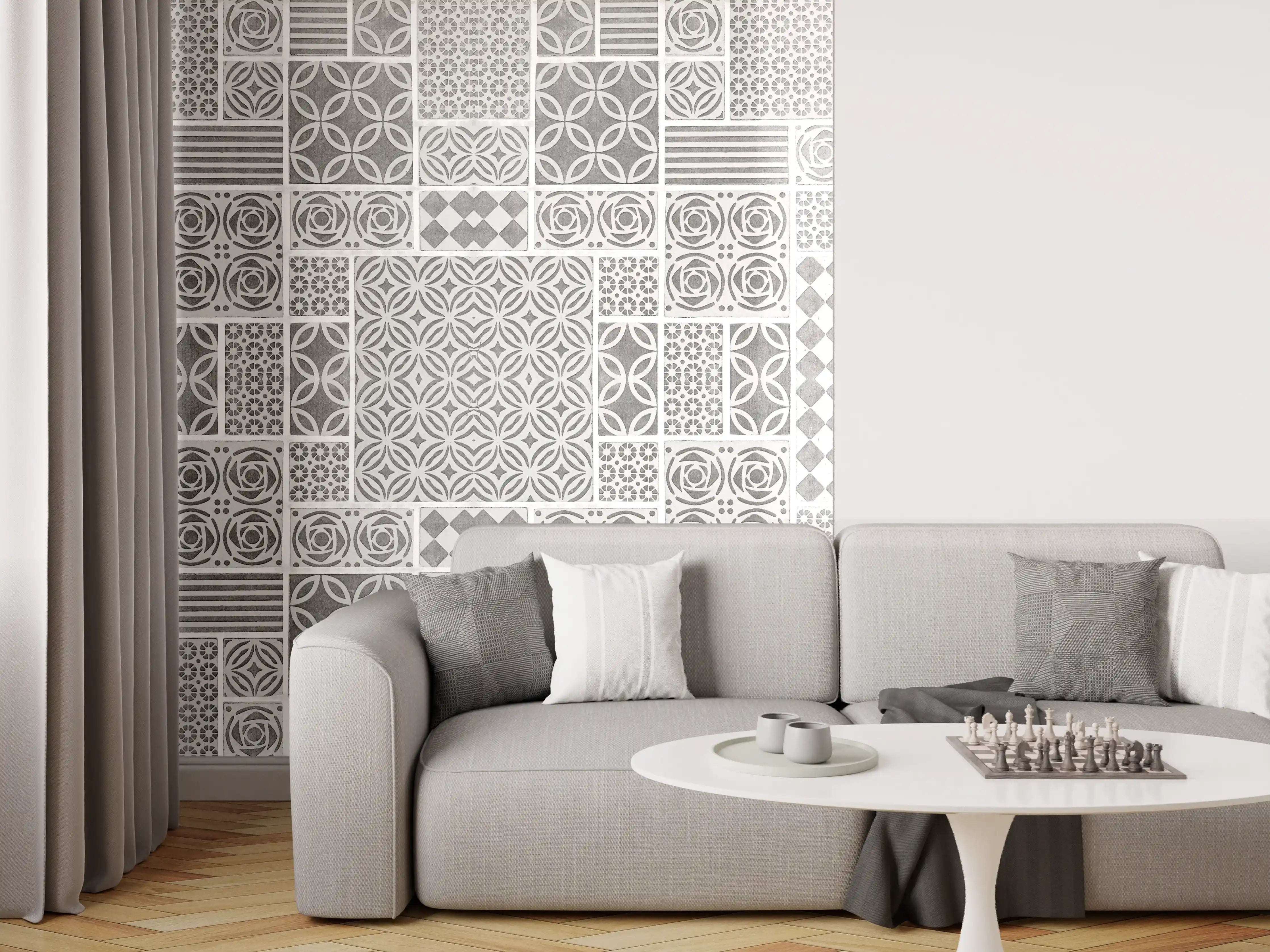 Wandverkleidung Wohnzimmer - Gräuliche geometrische Fliesen