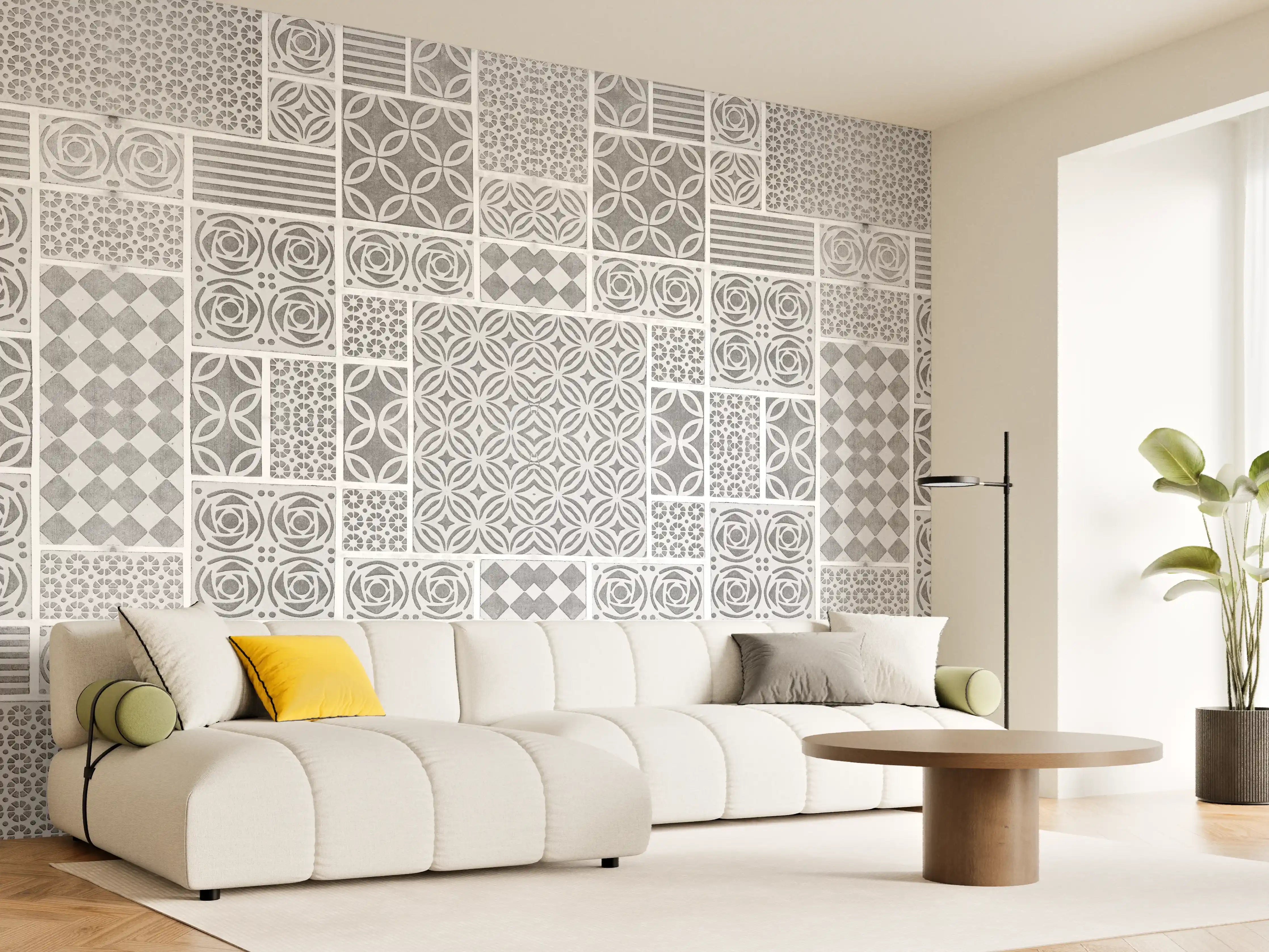 Wandverkleidung Wohnzimmer - Gräuliche geometrische Fliesen