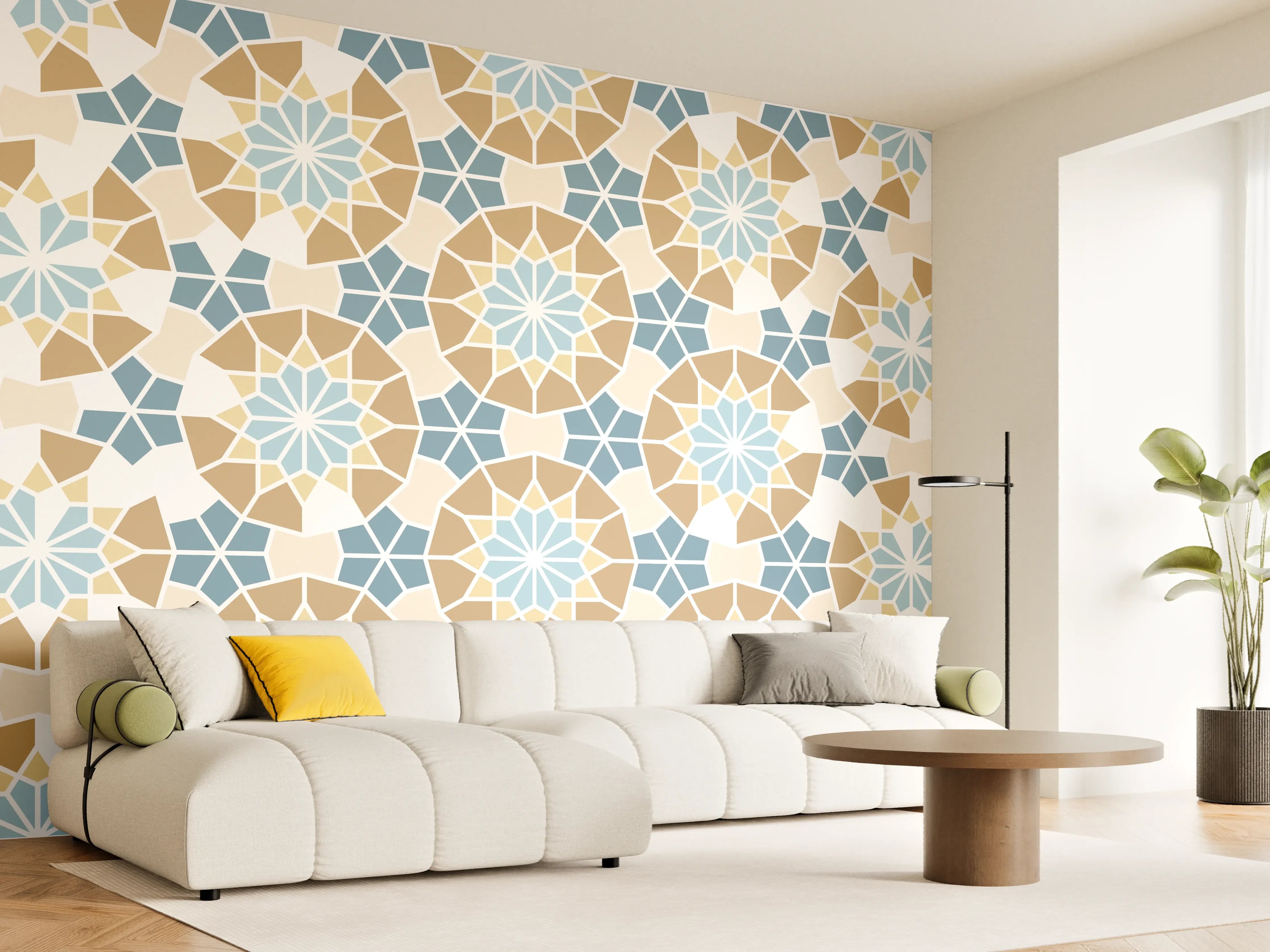 Wandverkleidung Wohnzimmer - Grafisches Blau Beige Muster