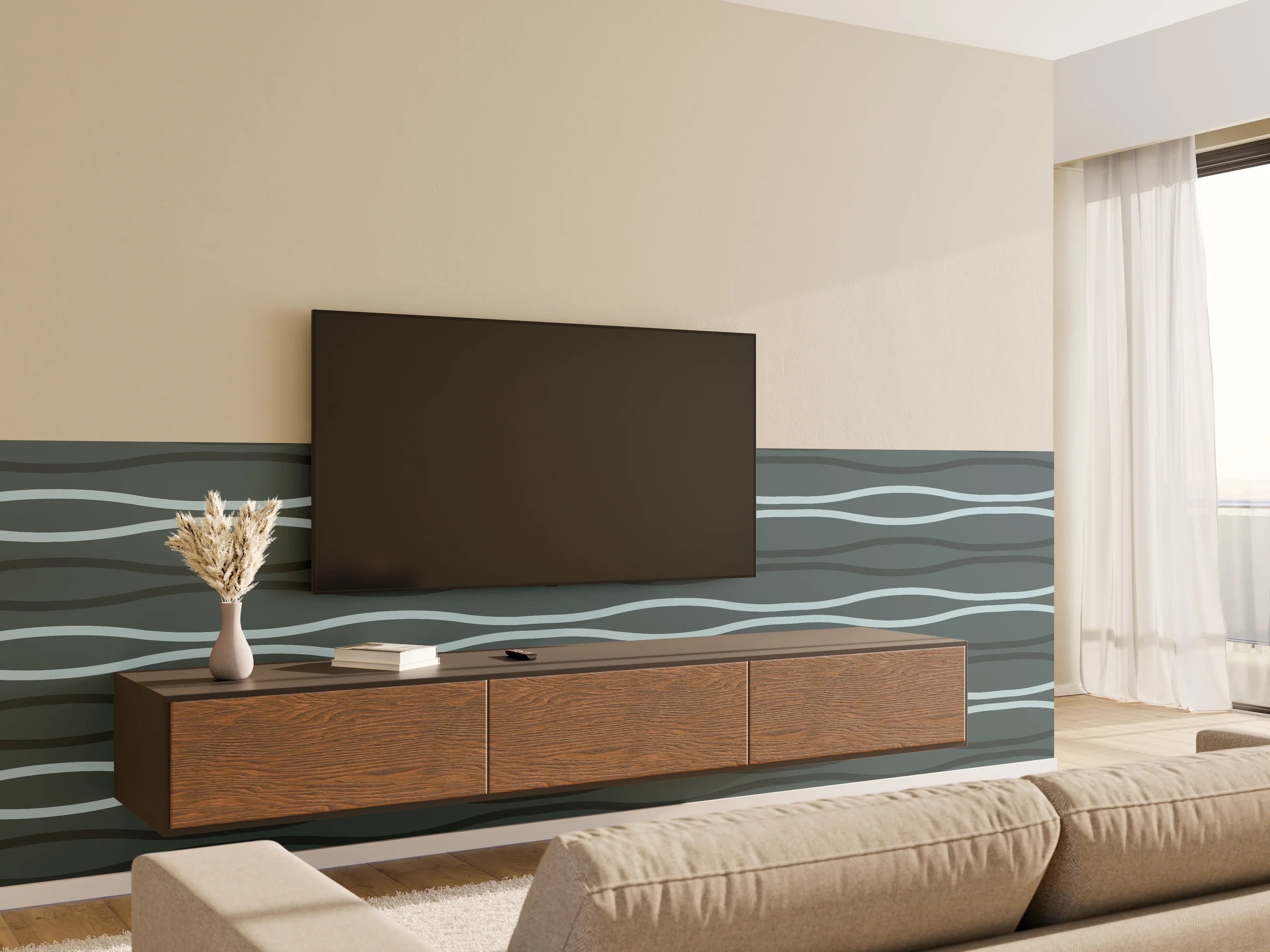 Wandverkleidung Wohnzimmer - Grau-Blauer Wellen Hintergrund