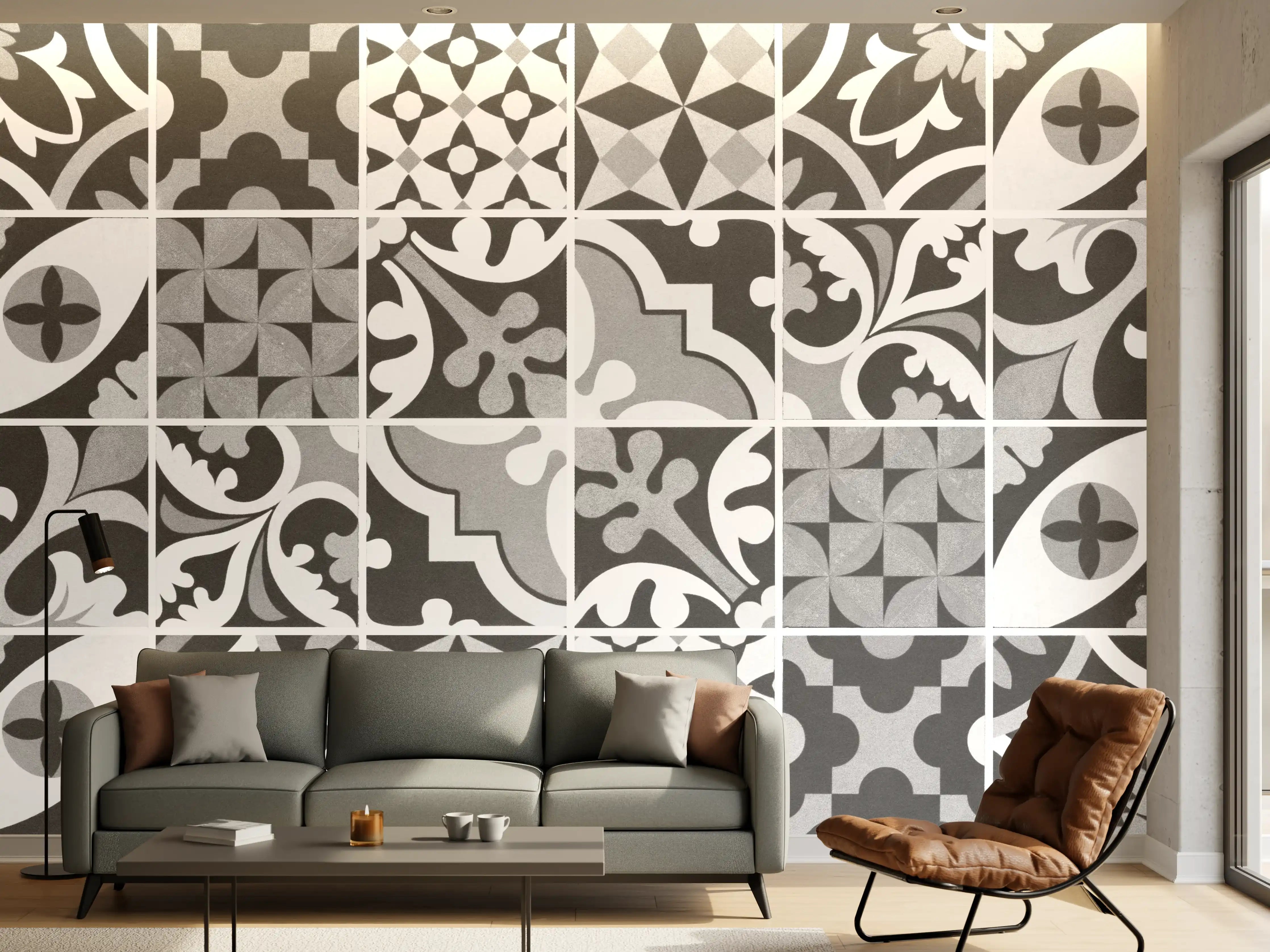 Wandverkleidung Wohnzimmer - Grau-Weiß Vintage Mosaik