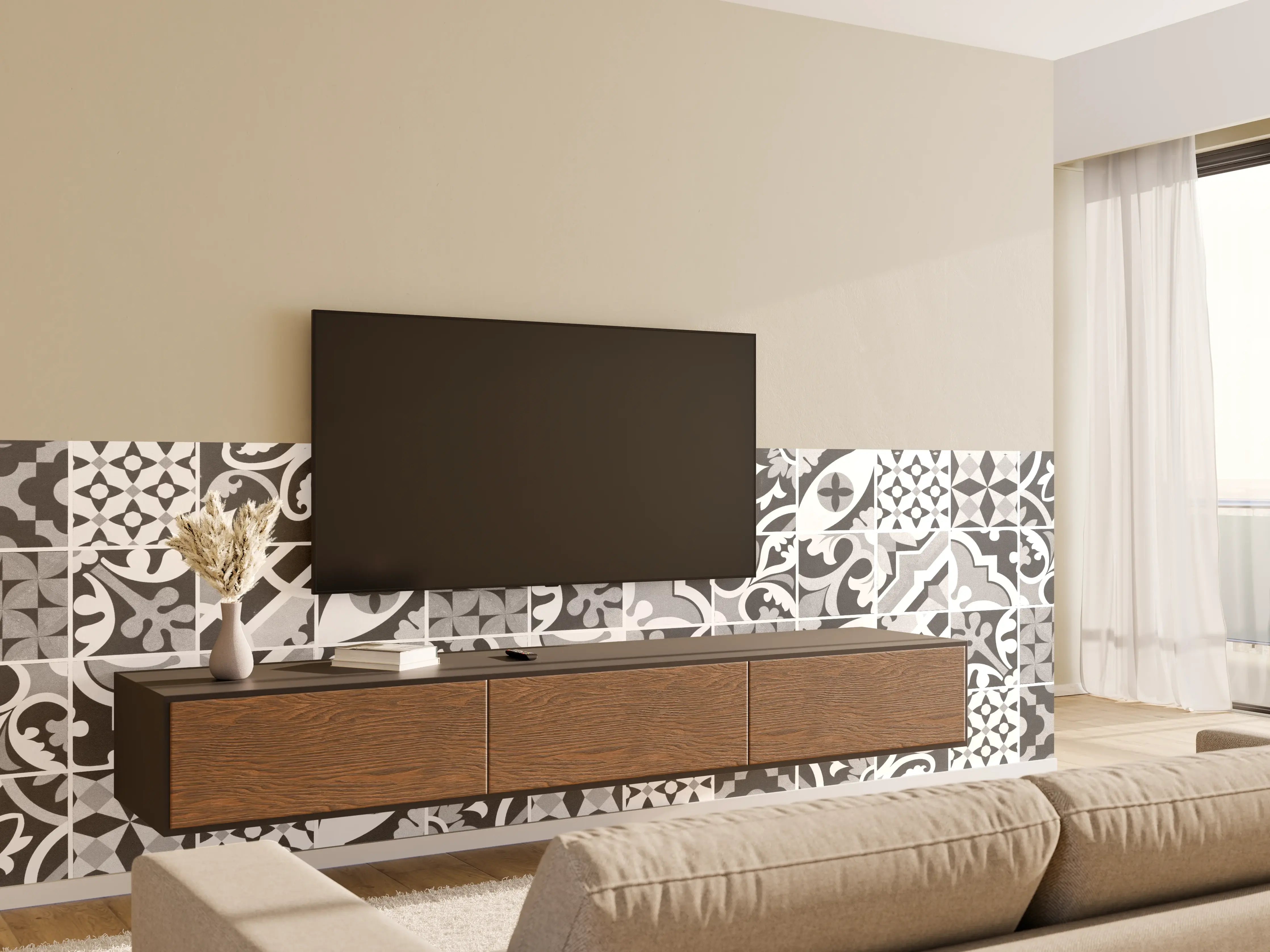 Wandverkleidung Wohnzimmer - Grau-Weiß Vintage Mosaik